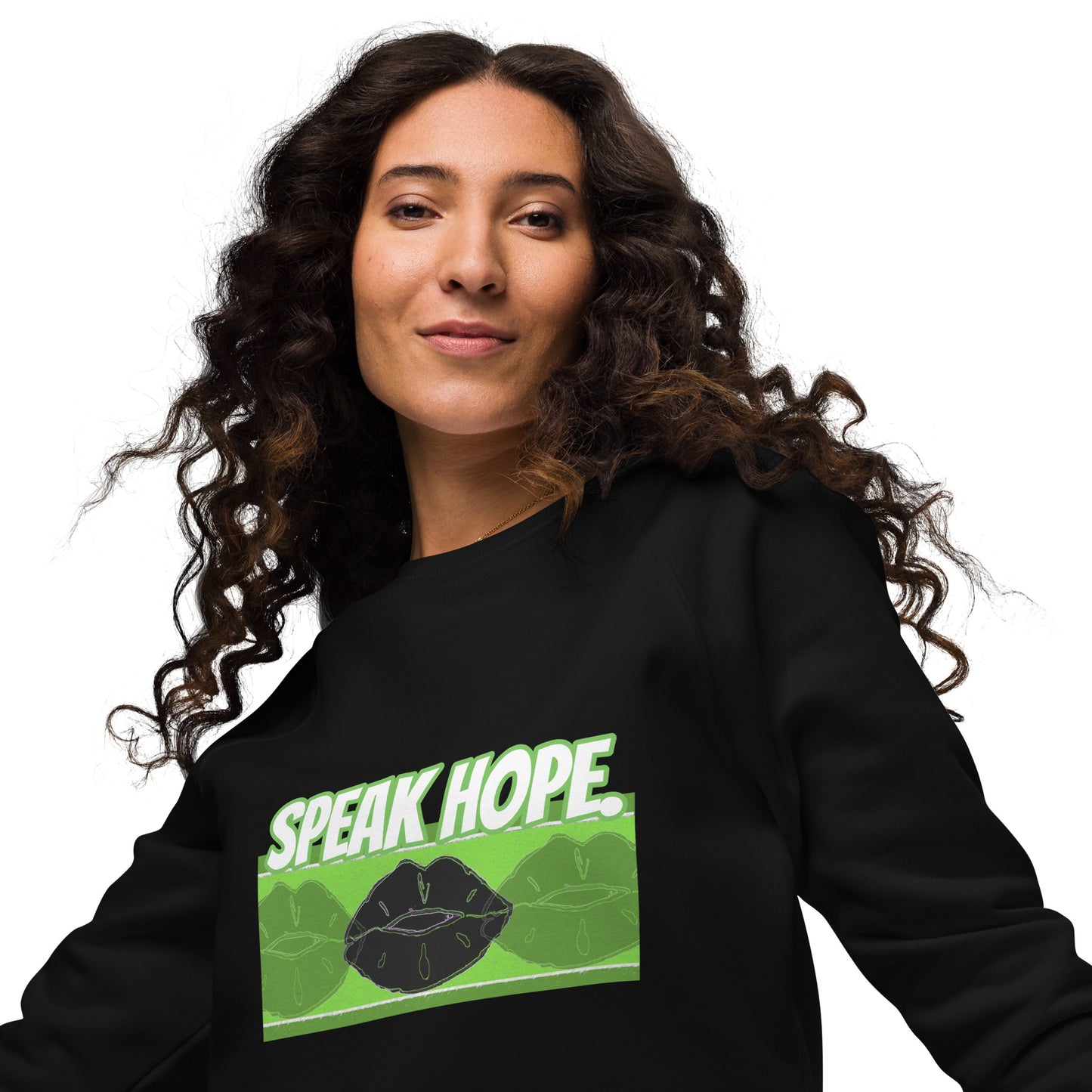 Front of black sweatshirt with text saying 'Speak Hope' and black and green lips design beneath