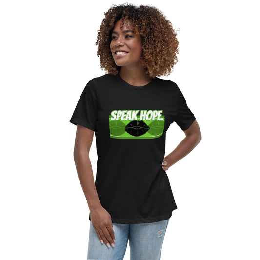 Front of black t-shirt with text saying 'Speak Hope' and black and green lips design beneath