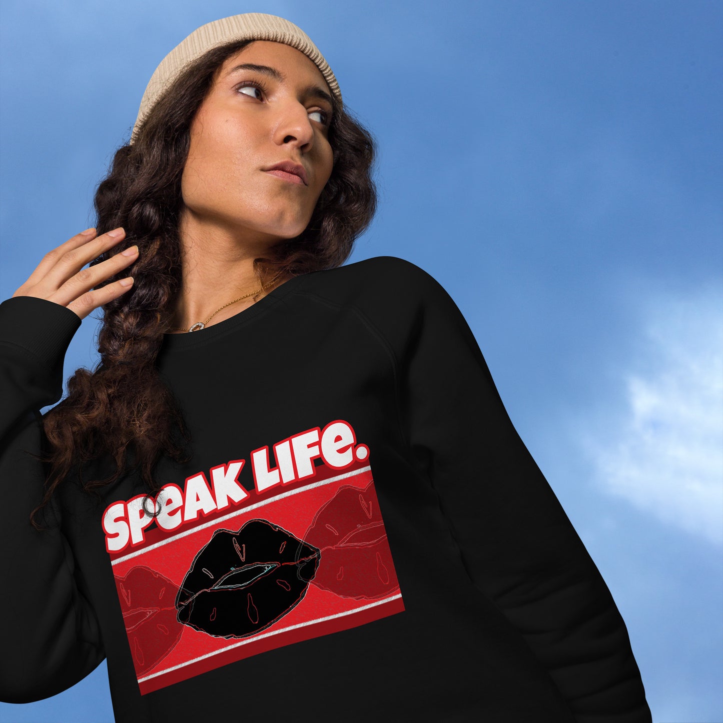 Front of black sweatshirt with text saying 'Speak Life' and black and red lips design beneath