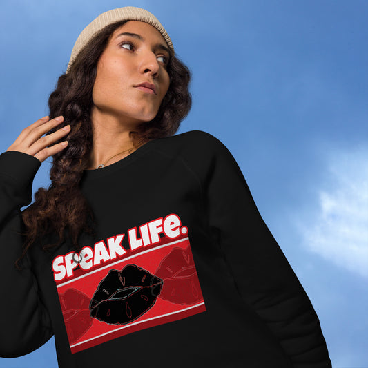 Front of black sweatshirt with text saying 'Speak Life' and black and red lips design beneath