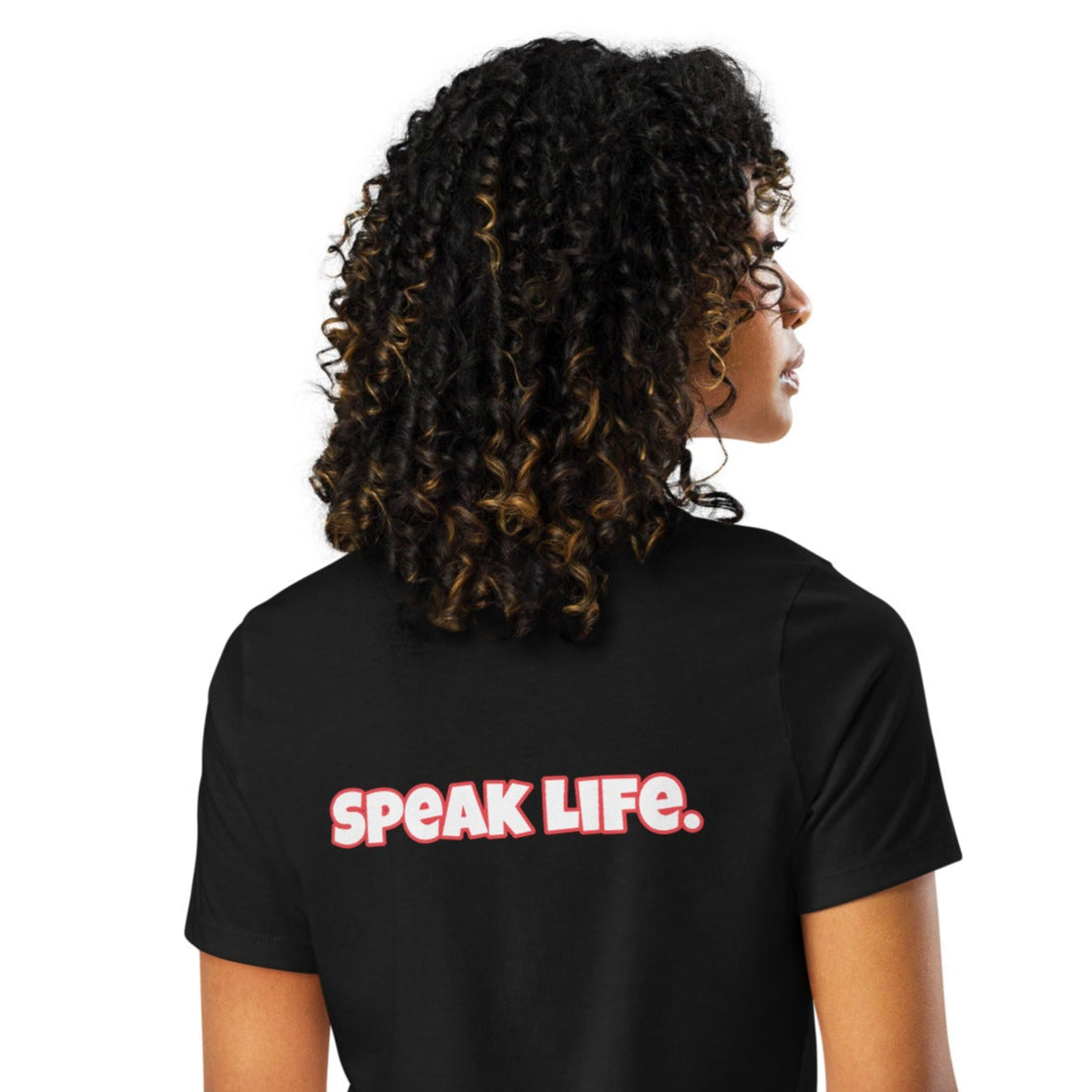 Back of black t-shirt with text saying 'Speak life'