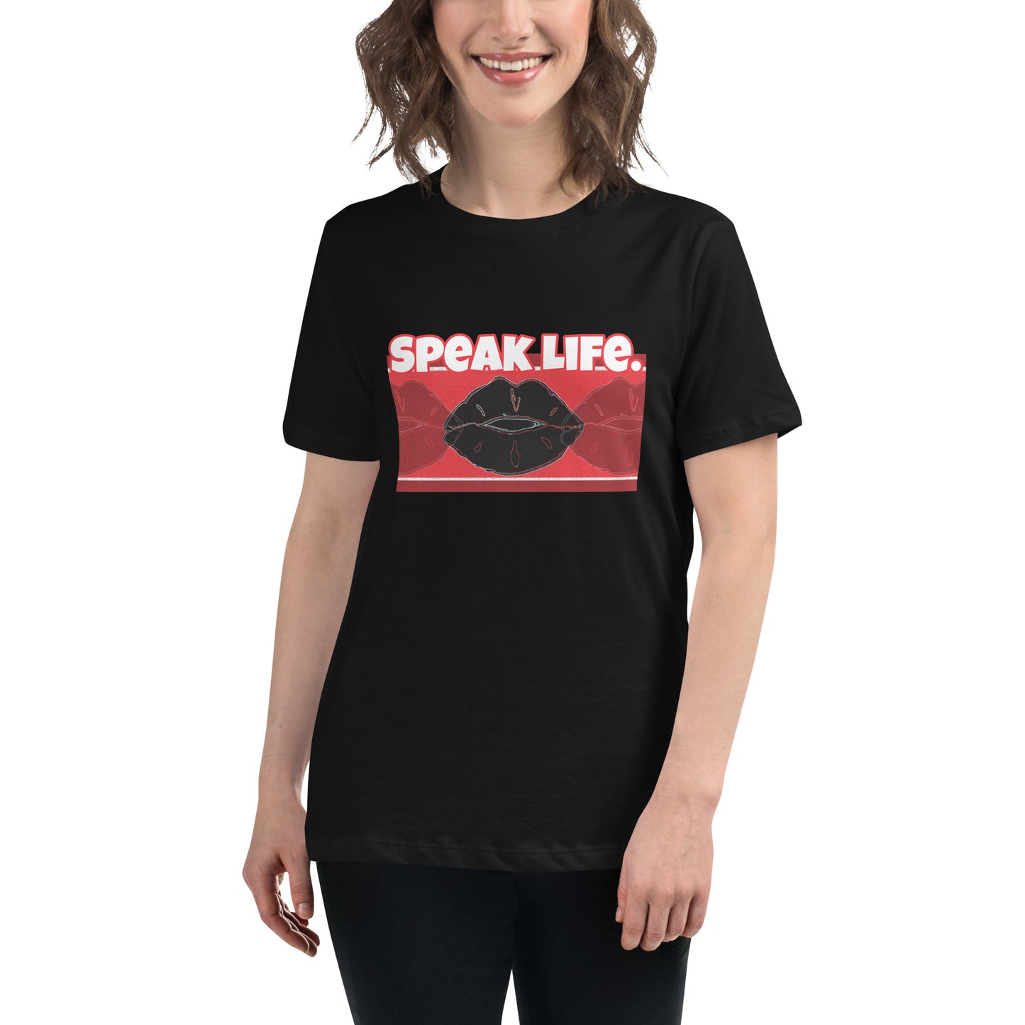 Front of black t-shirt with text saying 'Speak Life' and black and red lips design beneath