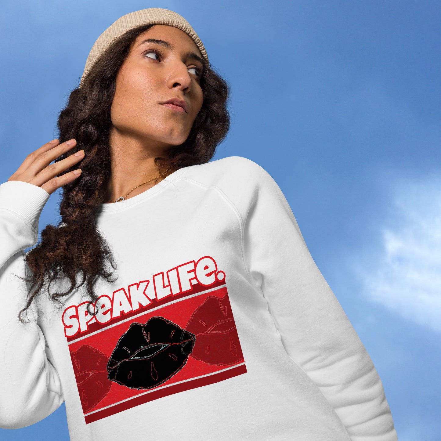 Front of white sweatshirt with text saying 'Speak Life' and black and red lips design beneath