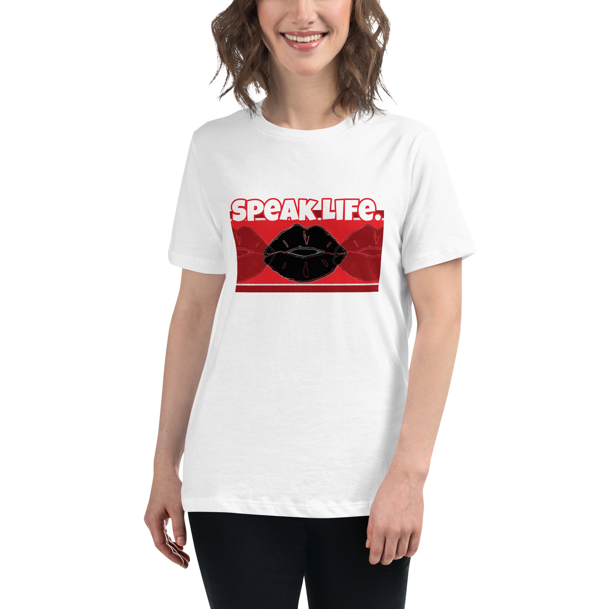 Front of white t-shirt with text saying 'Speak Life' and black and red lips design beneath