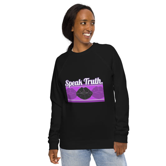 Front of black sweatshirt with text saying 'Speak Truth' and black and purple lips design beneath