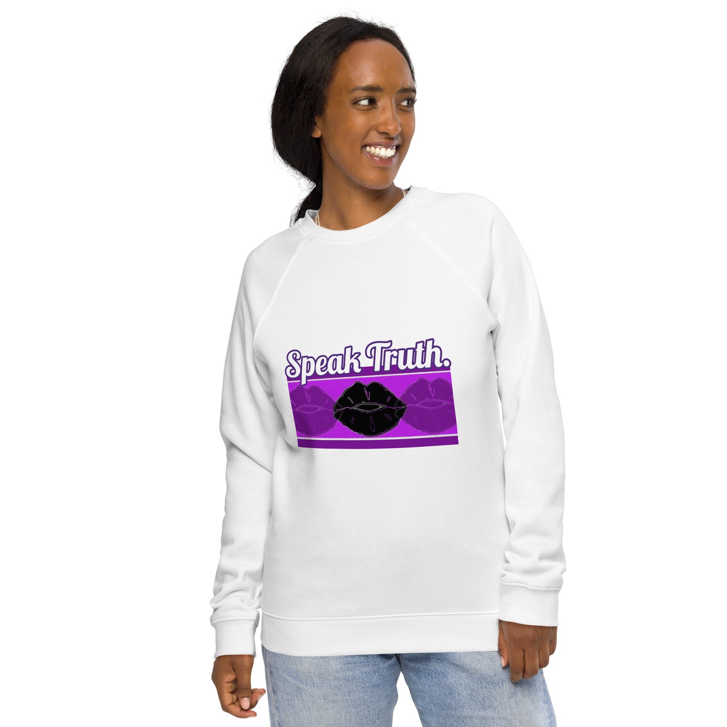 Front of white sweatshirt with text saying 'Speak Truth' and black and purple lips design beneath