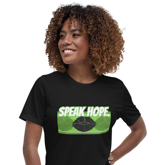 Front of black t-shirt with text saying 'Speak Hope' and black and green lips design beneath