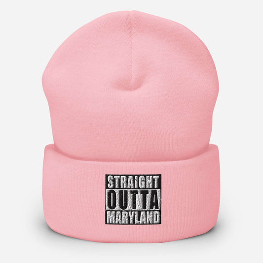 Front of baby pink cuffed beanie with black and white text saying 'Straight Outta Maryland'