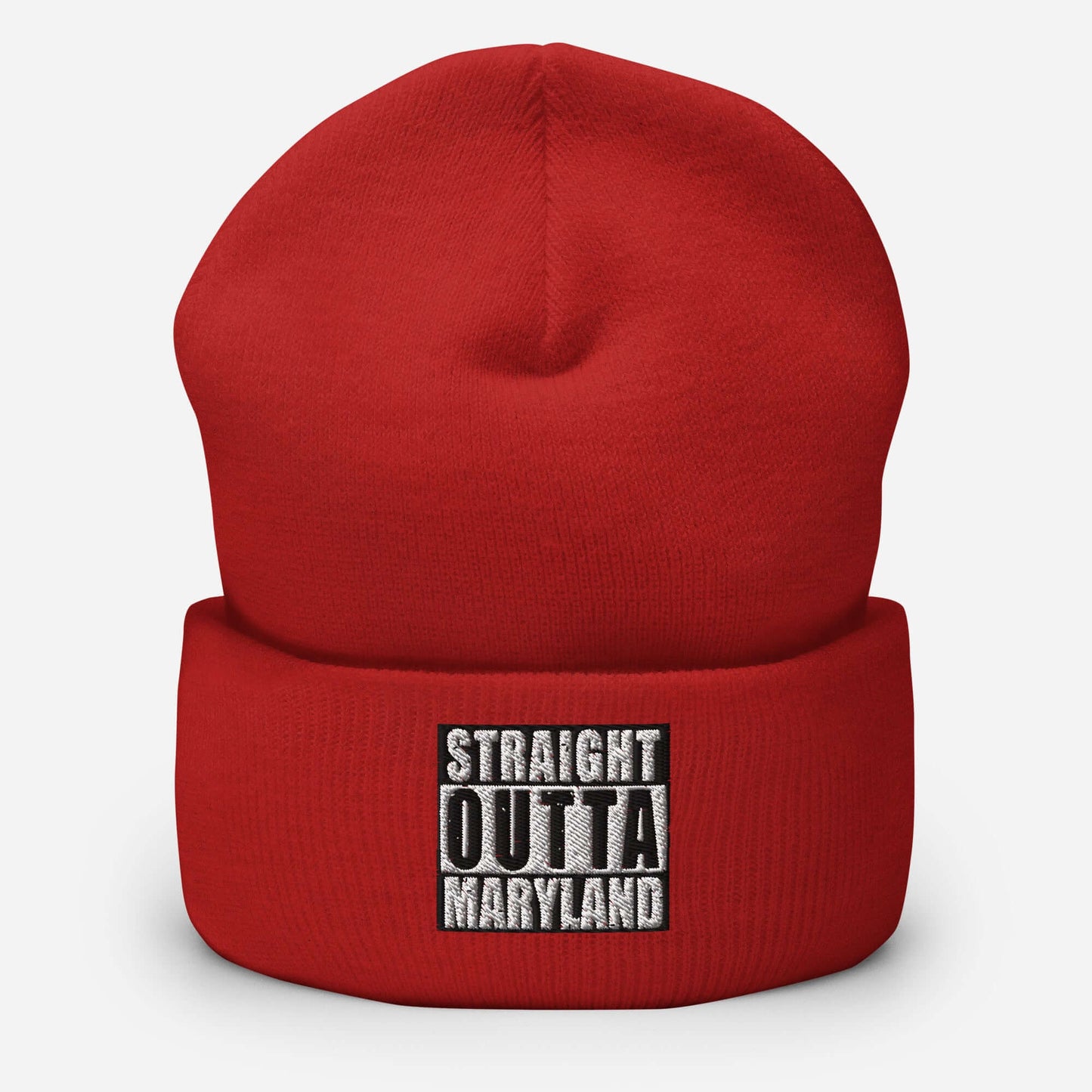 Front of red cuffed beanie with black and white text saying 'Straight Outta Maryland'