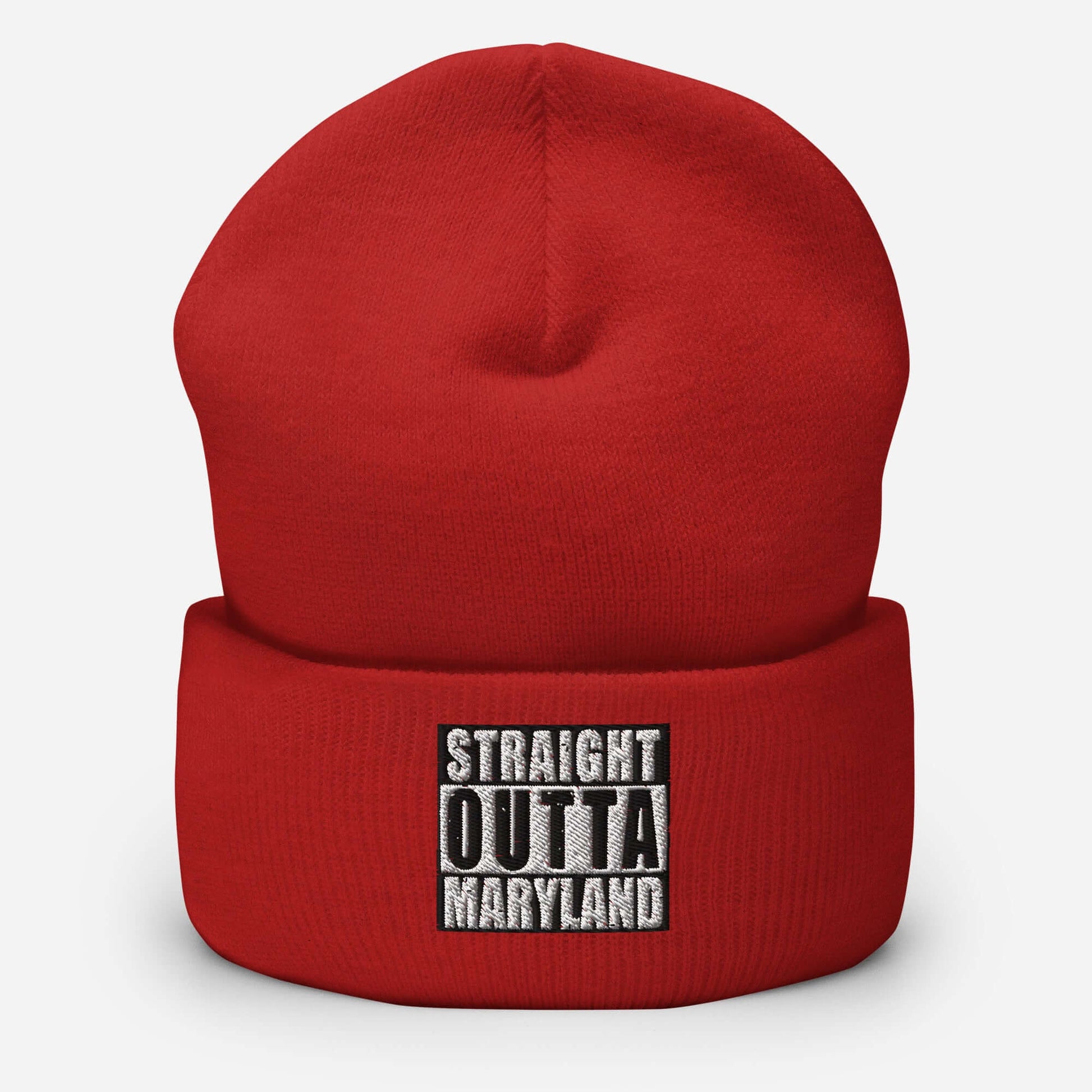 Front of red cuffed beanie with black and white text saying 'Straight Outta Maryland'