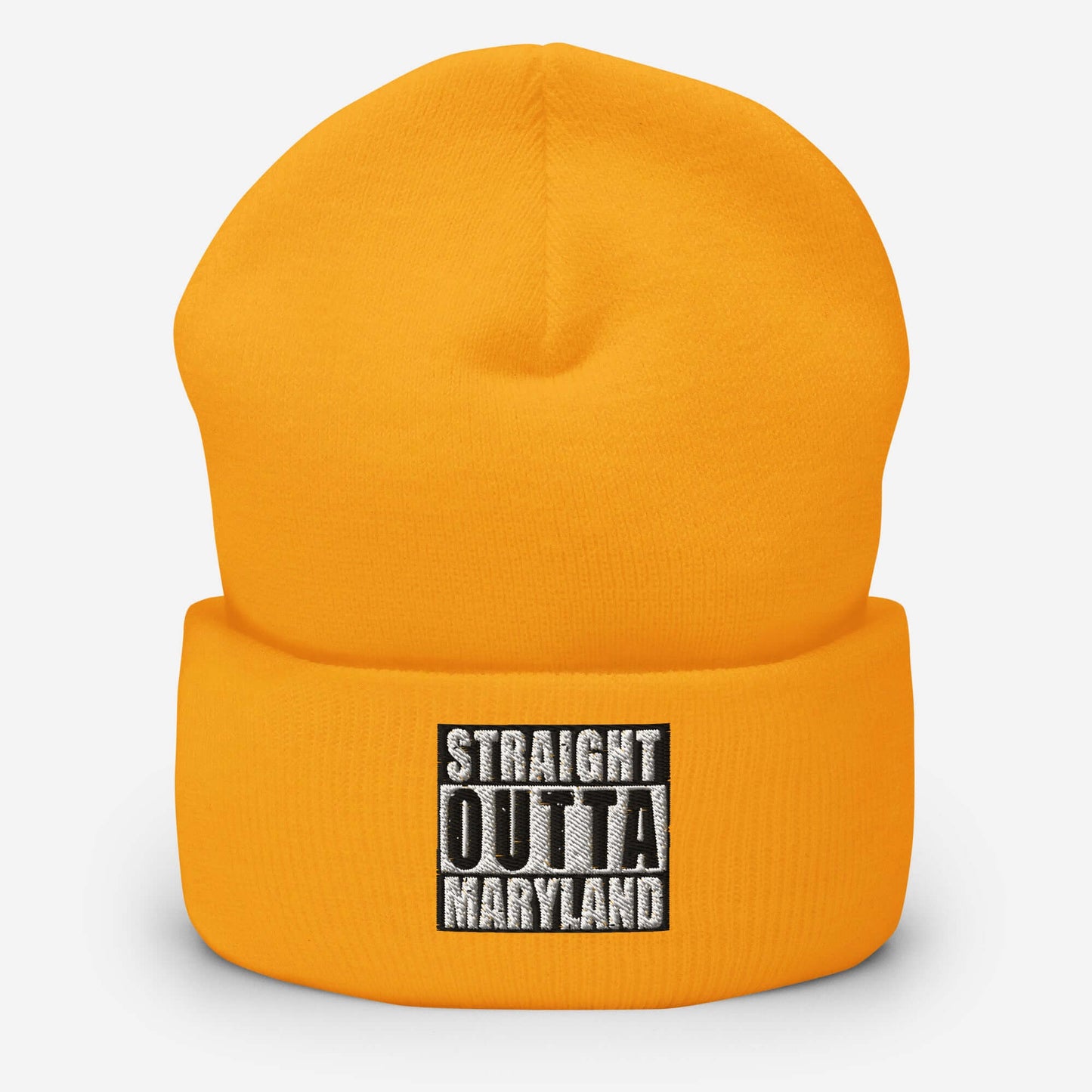 Front of gold cuffed beanie with black and white text saying 'Straight Outta Maryland'