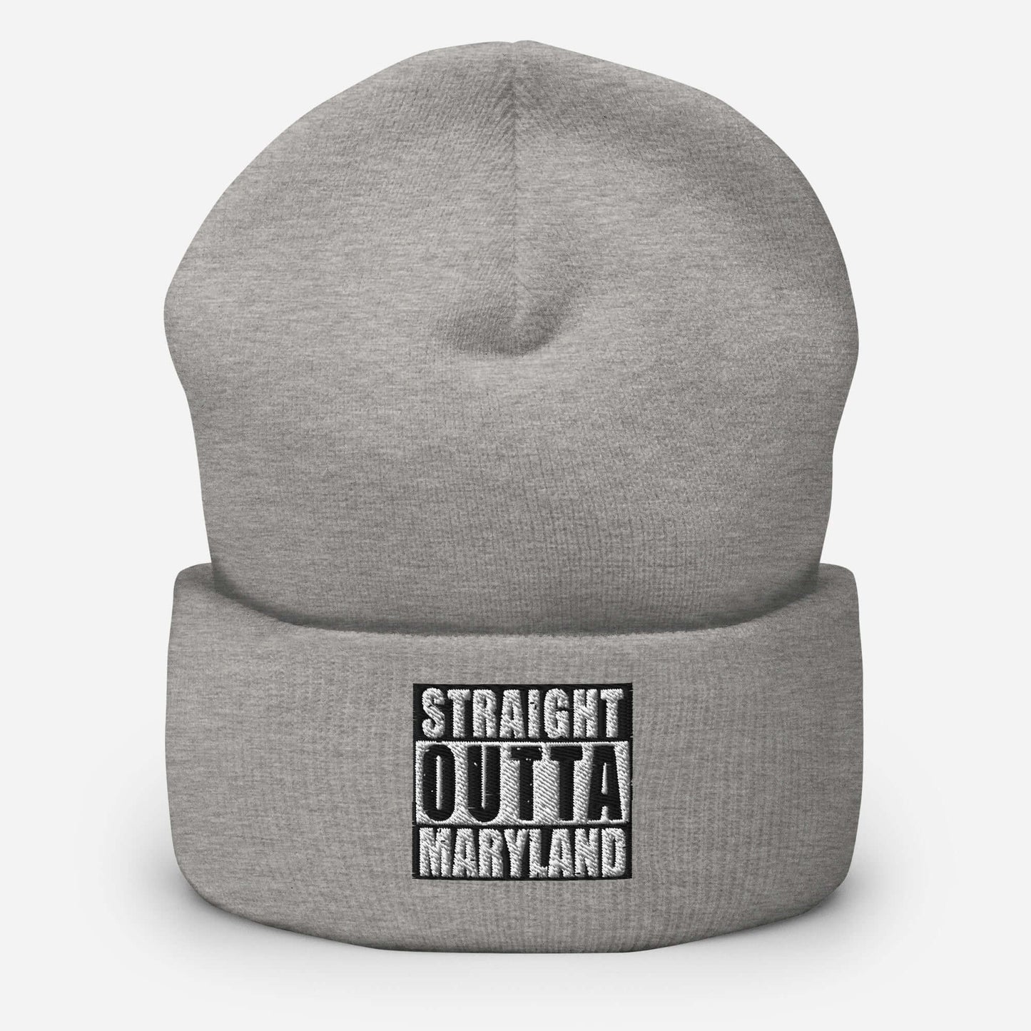 Front of heather grey cuffed beanie with black and white text saying 'Straight Outta Maryland'