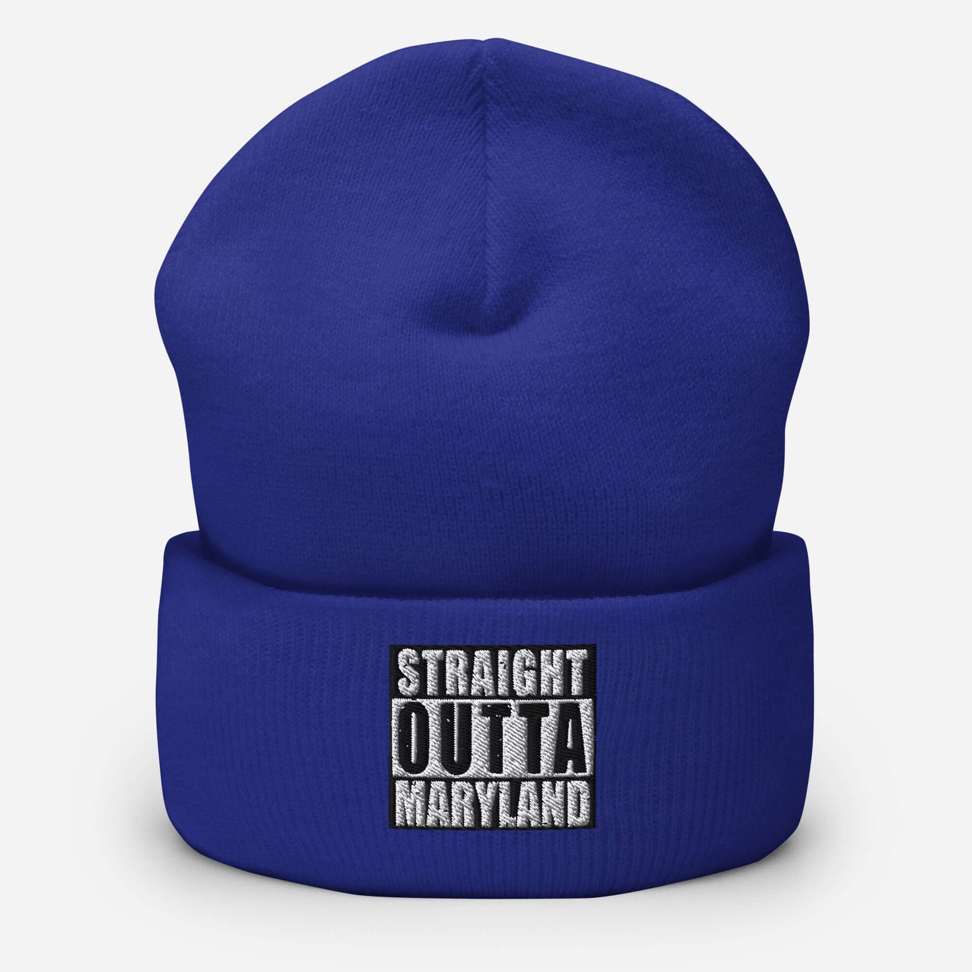 Front of royal cuffed beanie with black and white text saying 'Straight Outta Maryland'