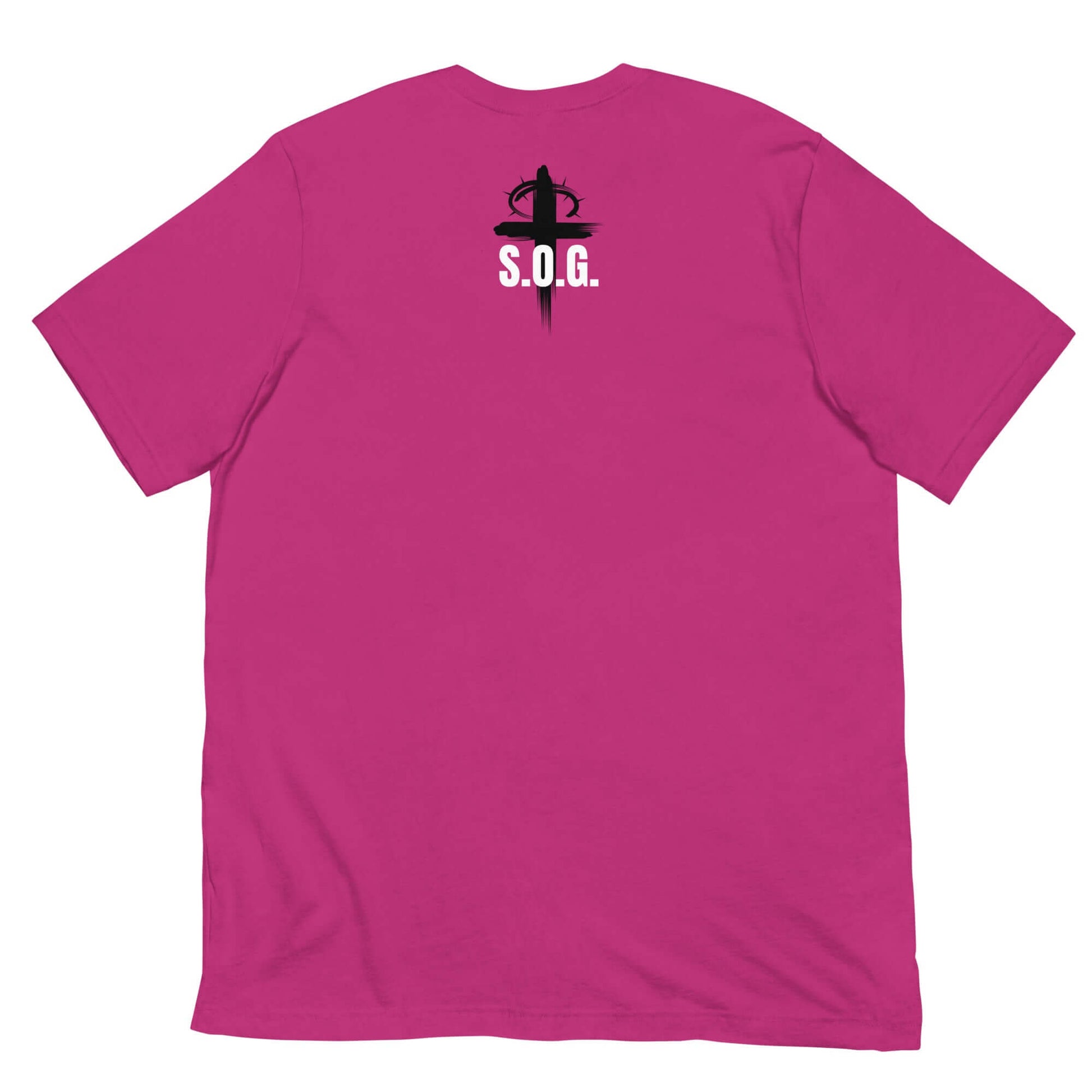 Back of berry t-shirt with black and white text saying 'S.O.G'