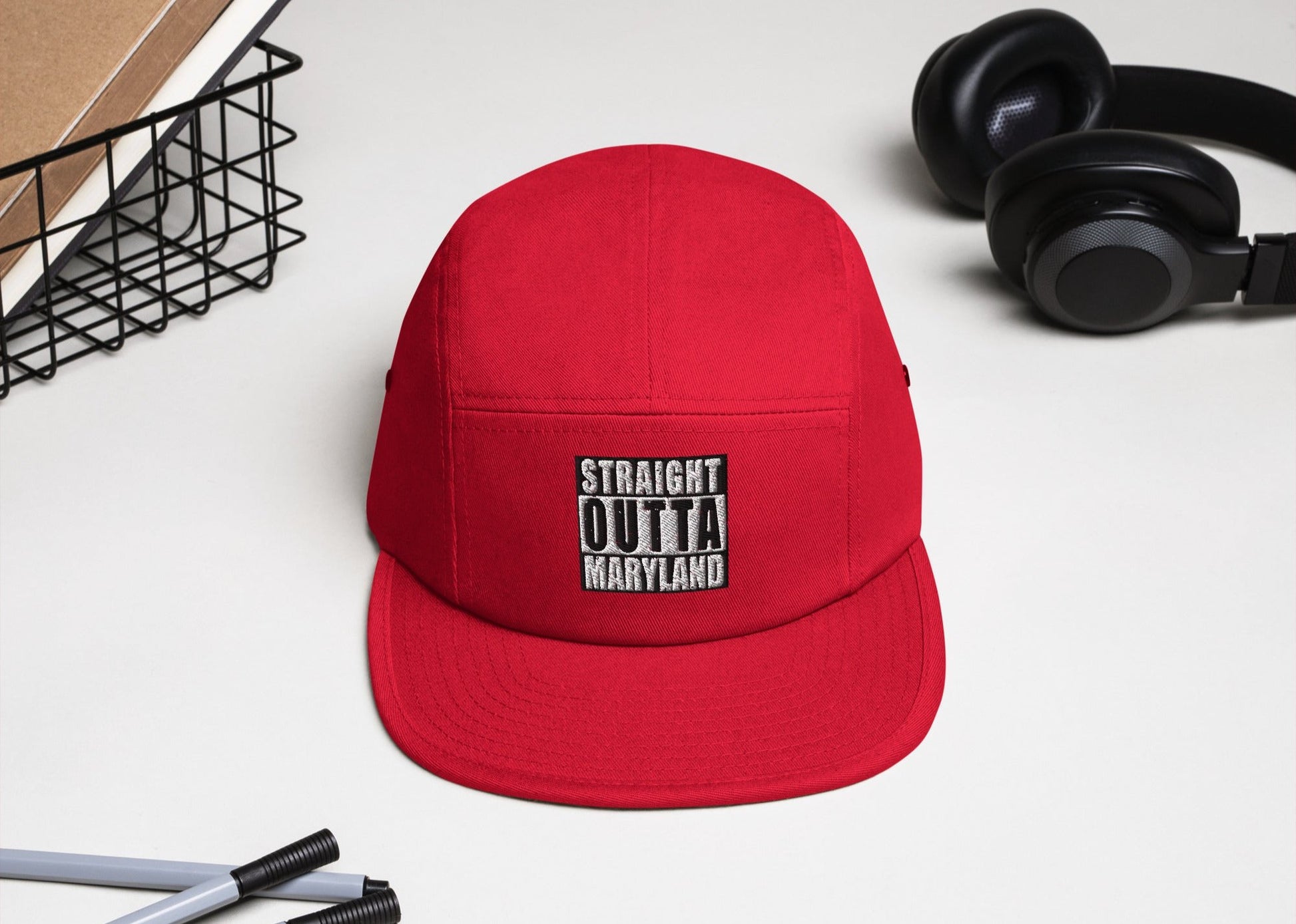 Front 5-panel red unisex cap with embroidered text saying 'Straight Outta Maryland'