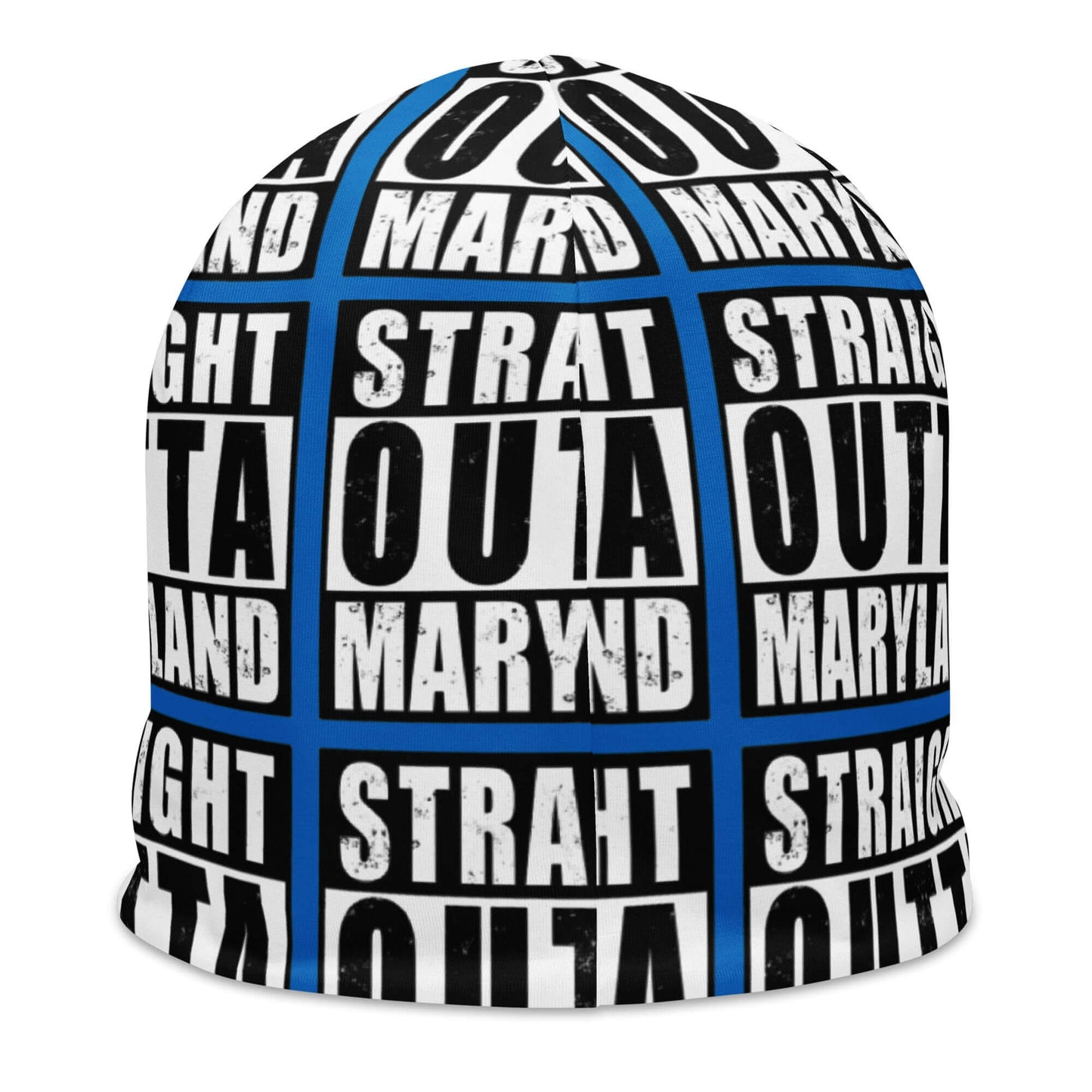 Back of  beanie with blue background and black and white patterned text saying 'Straight Outta Maryland'