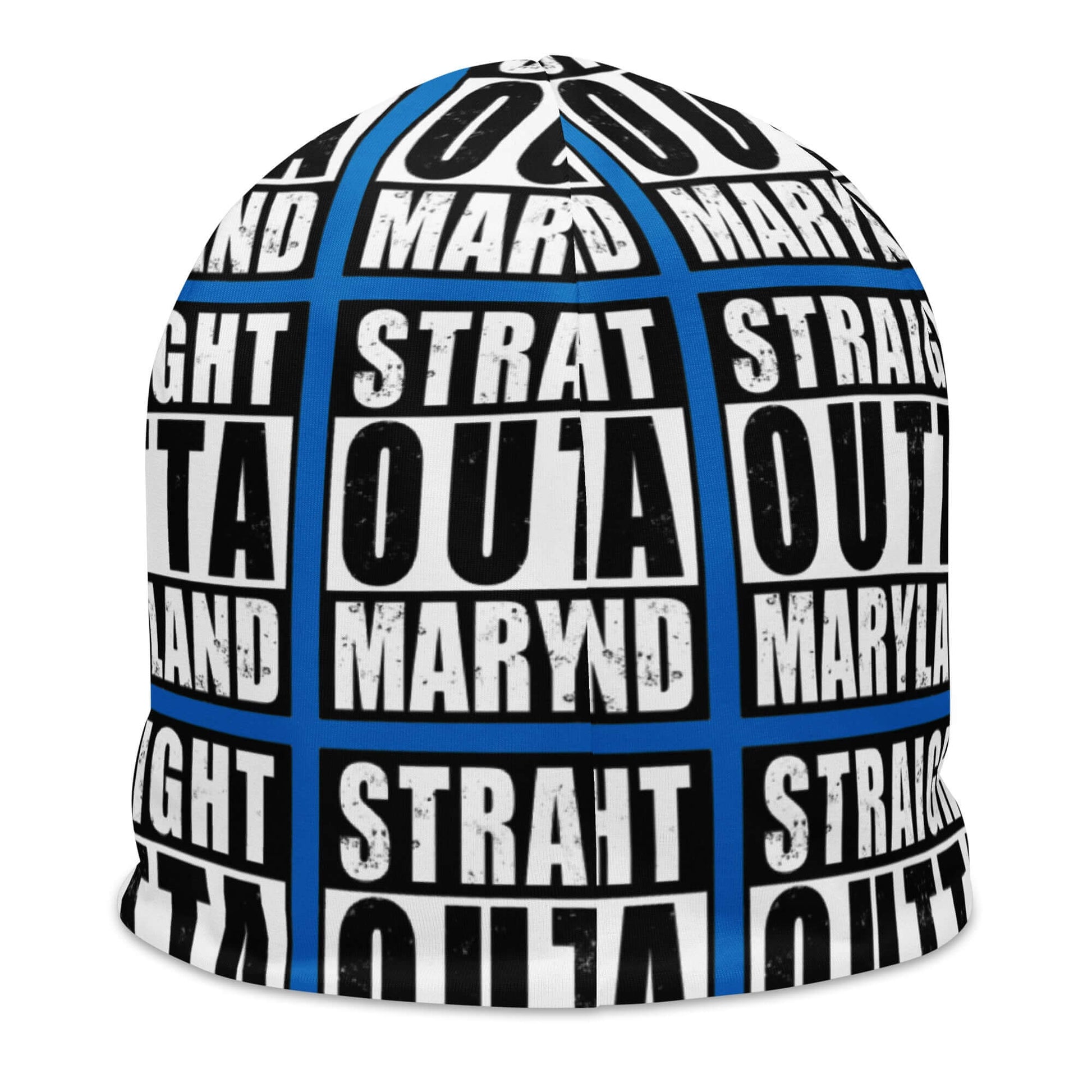 Back of  beanie with blue background and black and white patterned text saying 'Straight Outta Maryland'