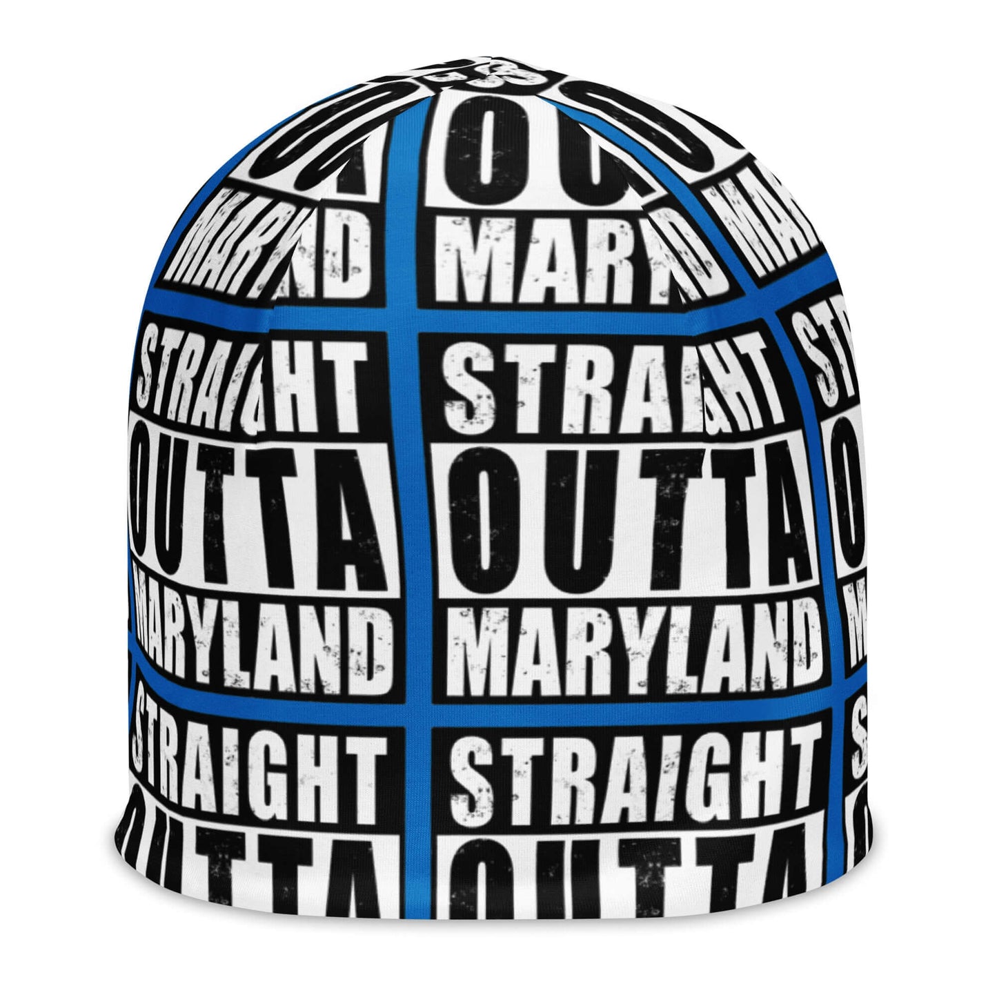 Front of beanie with blue background and black and white patterned text saying 'Straight Outta Maryland'