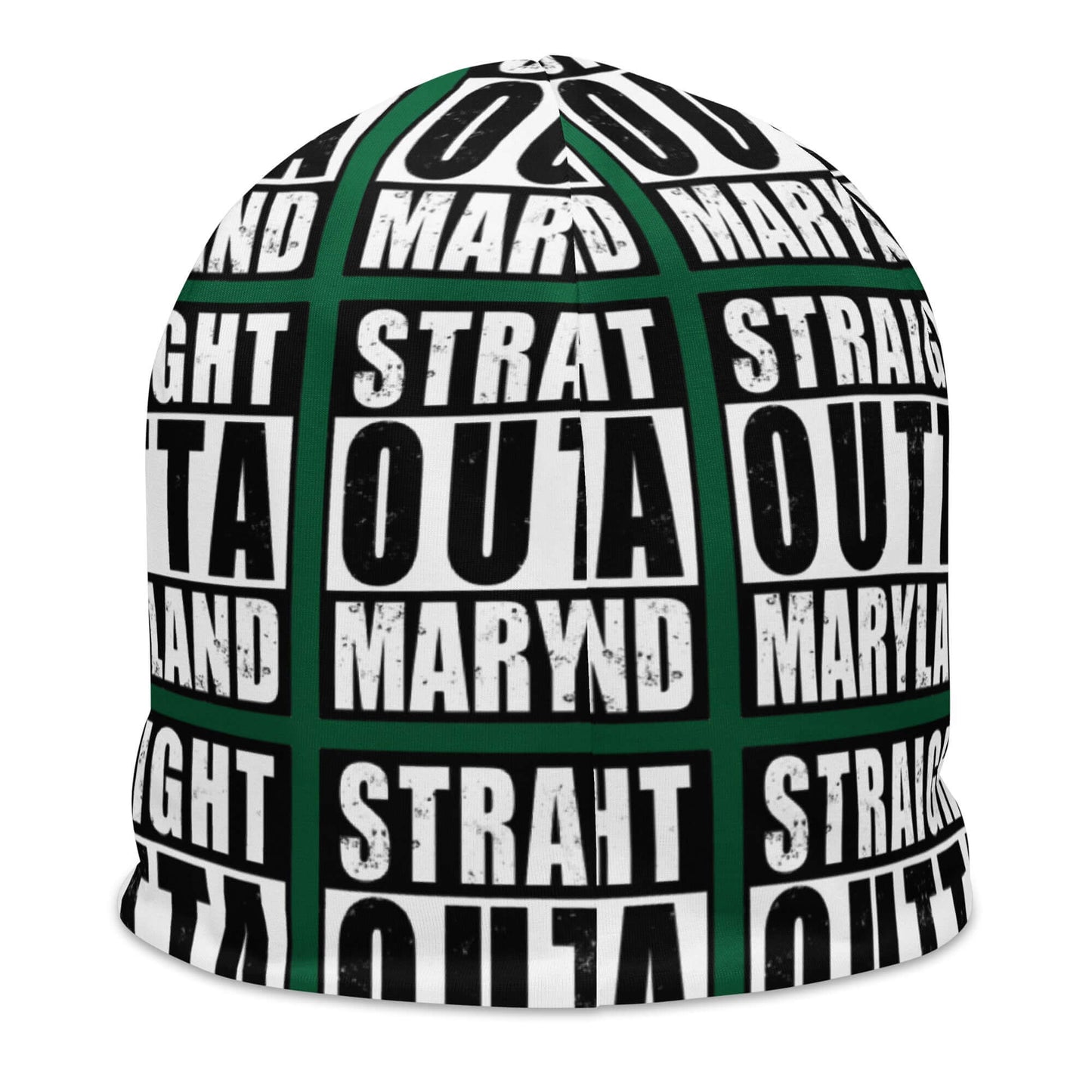 Back of beanie with green background and black and white patterned text saying 'Straight Outta Maryland'