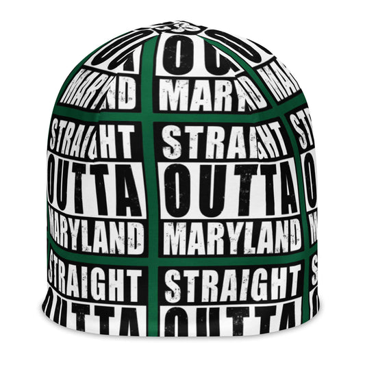 Front of beanie with green background and black and white patterned text saying 'Straight Outta Maryland'