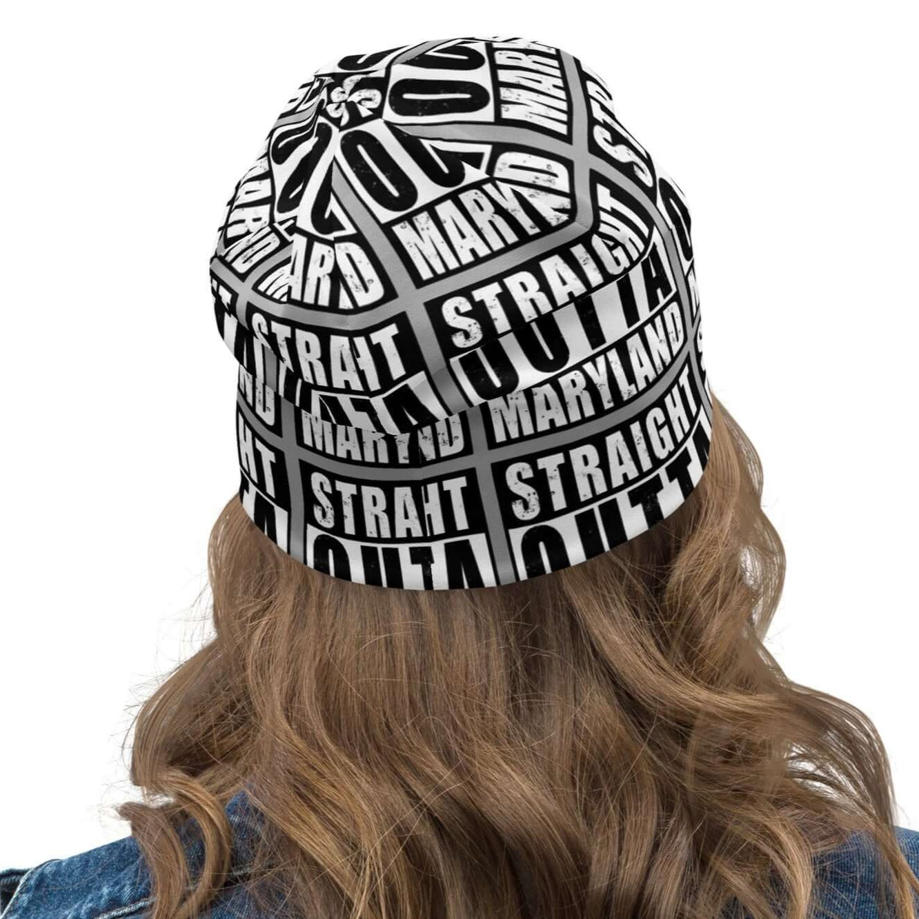 Back of beanie with grey background and black and white patterned text saying 'Straight Outta Maryland'