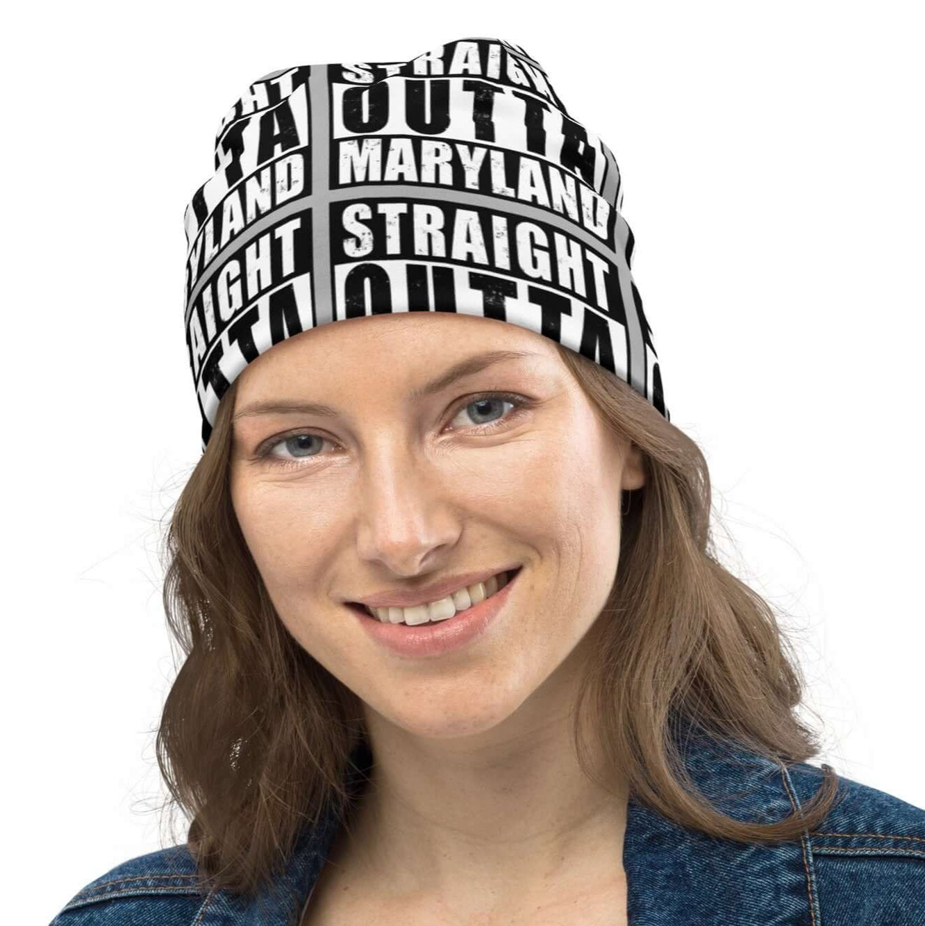 Front of beanie with grey background and black and white patterned text saying 'Straight Outta Maryland'