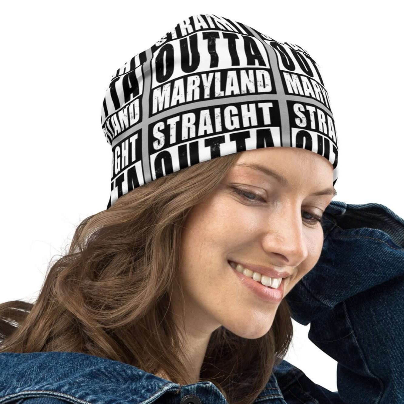 Right of beanie with grey background and black and white patterned text saying 'Straight Outta Maryland'