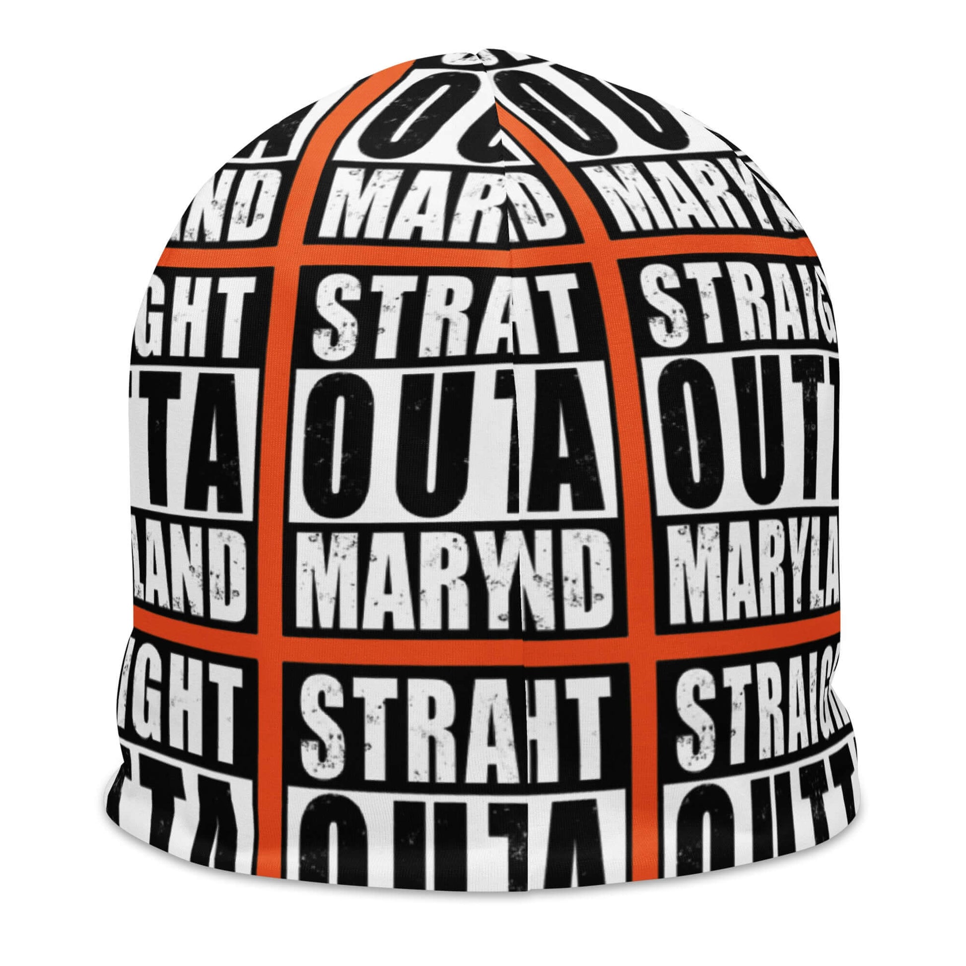 Back of beanie with orange background and black and white patterned text saying 'Straight Outta Maryland'