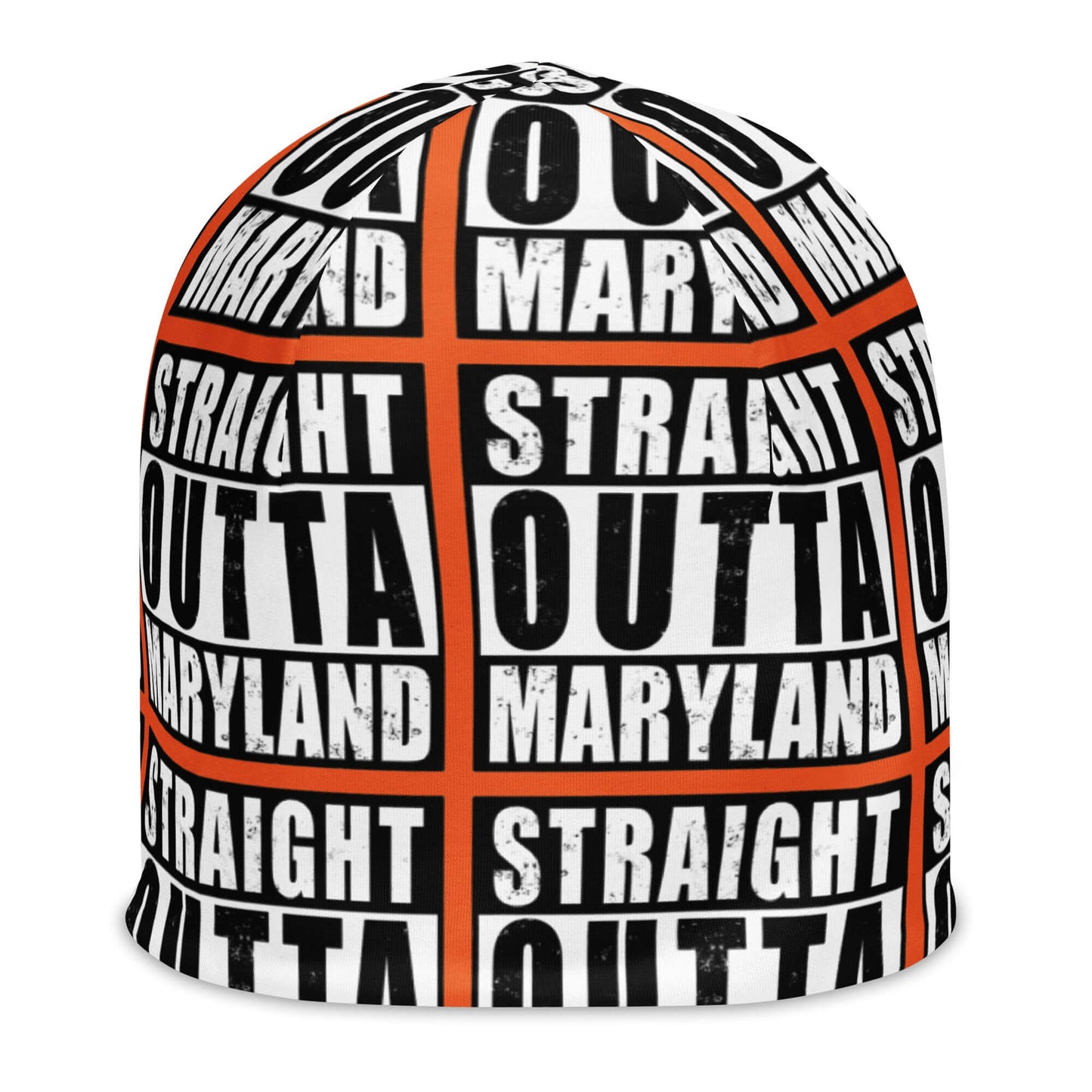 Front of beanie with orange background and black and white patterned text saying 'Straight Outta Maryland'