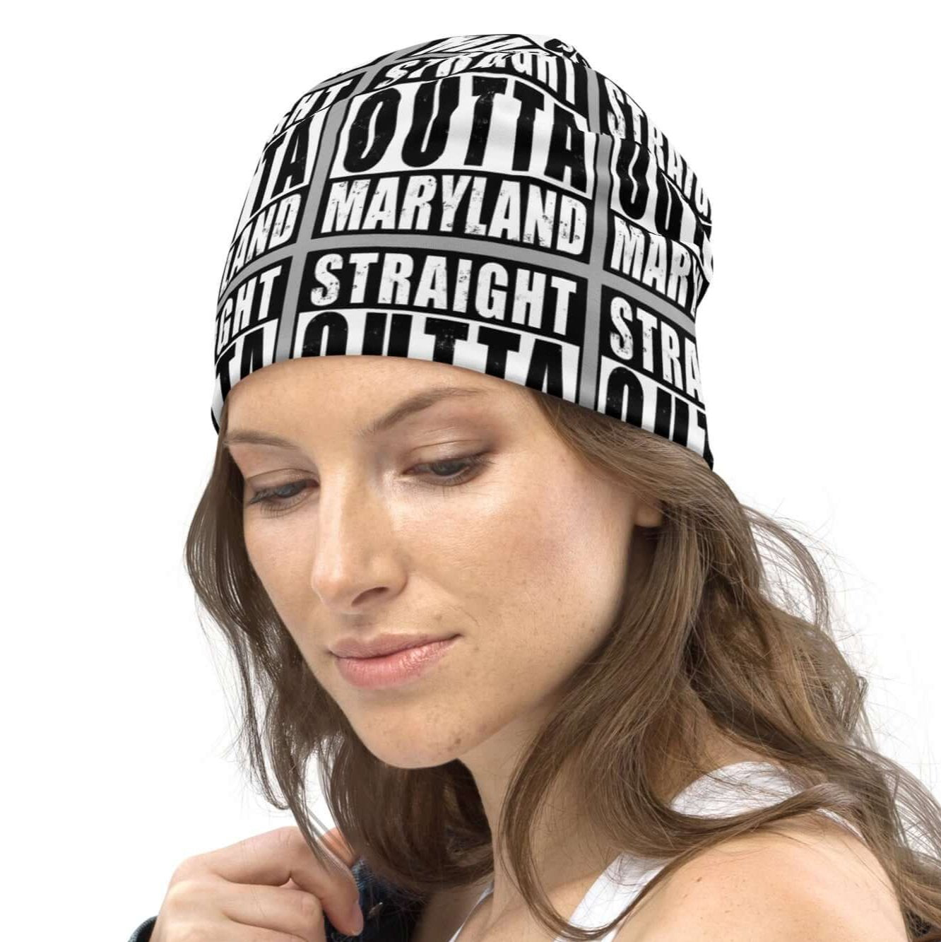 Left of beanie with grey background and black and white patterned text saying 'Straight Outta Maryland'