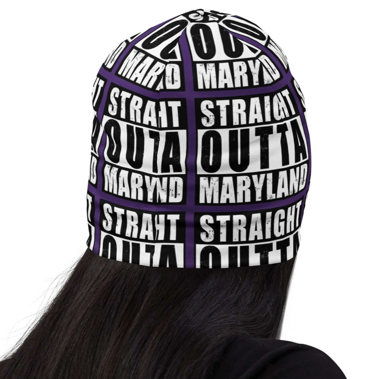 Back of beanie with purple background and black and white patterned text saying 'Straight Outta Maryland'