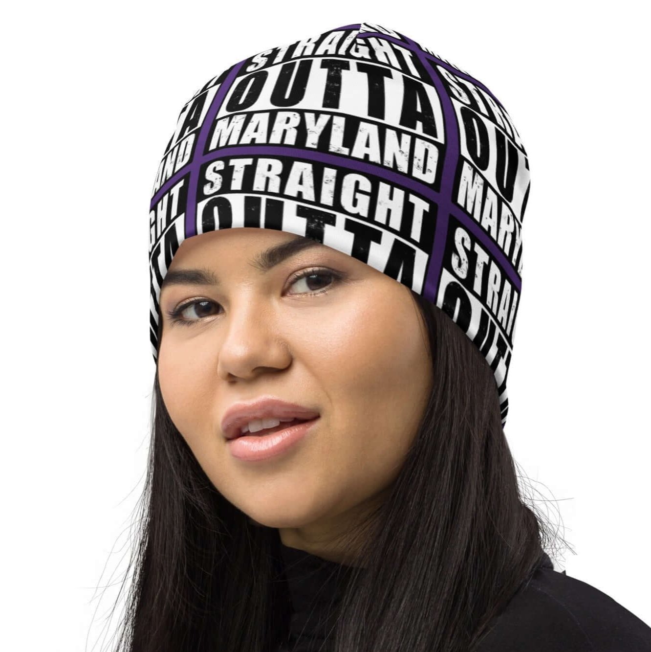 Front left of beanie with purple background and black and white patterned text saying 'Straight Outta Maryland'