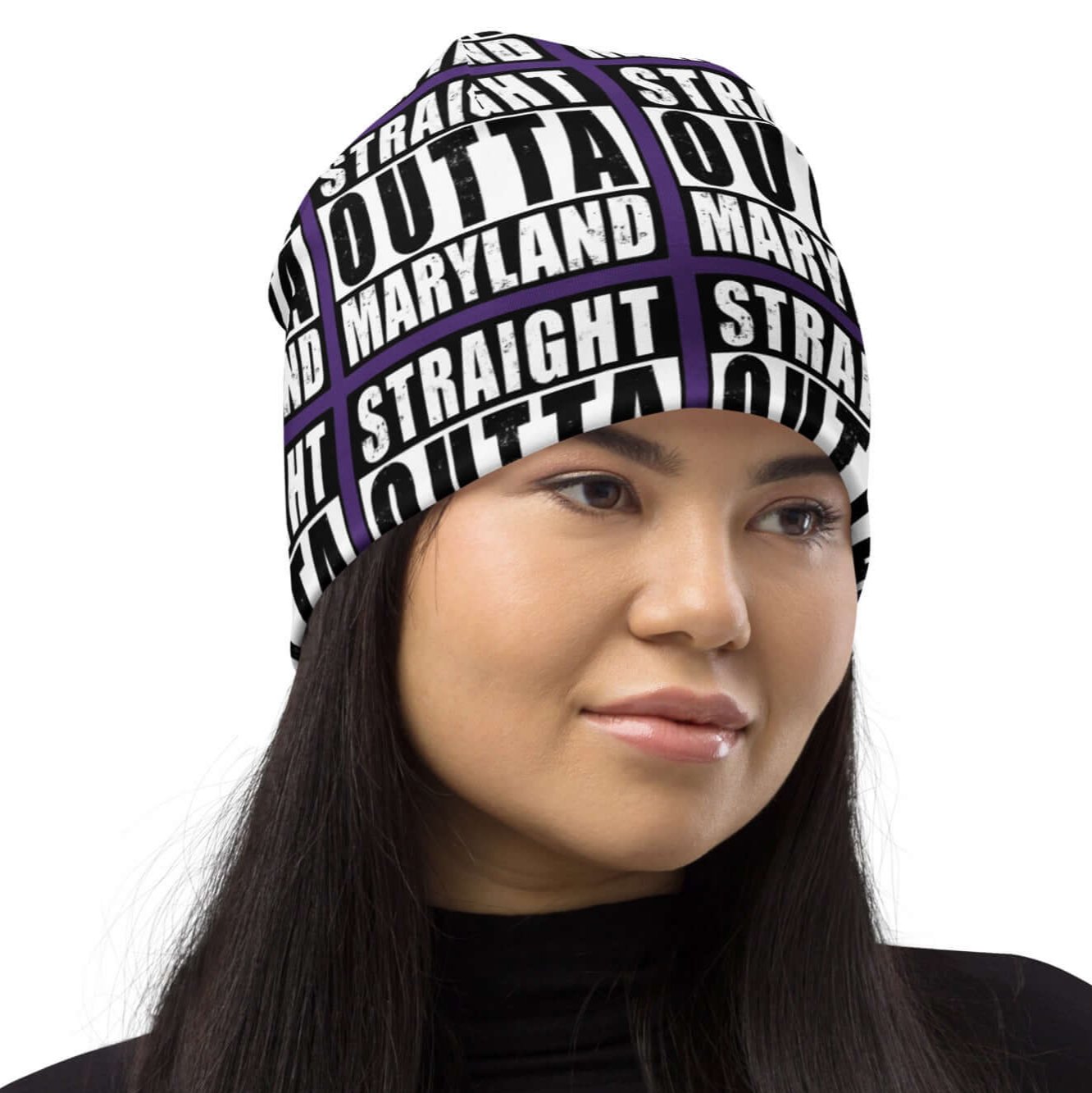 Front right of beanie with purple background and black and white patterned text saying 'Straight Outta Maryland'