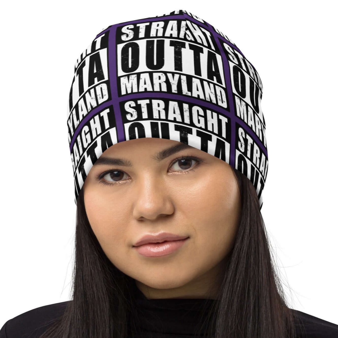 Front of beanie with purple background and black and white patterned text saying 'Straight Outta Maryland'