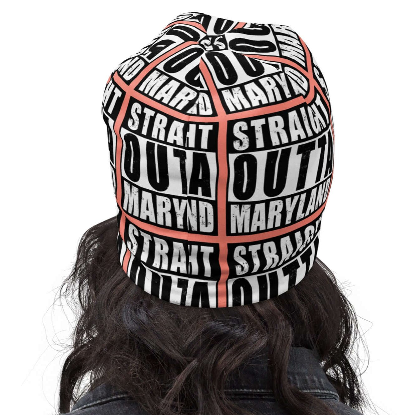 Back of beanie with rose background and black and white patterned text saying 'Straight Outta Maryland'