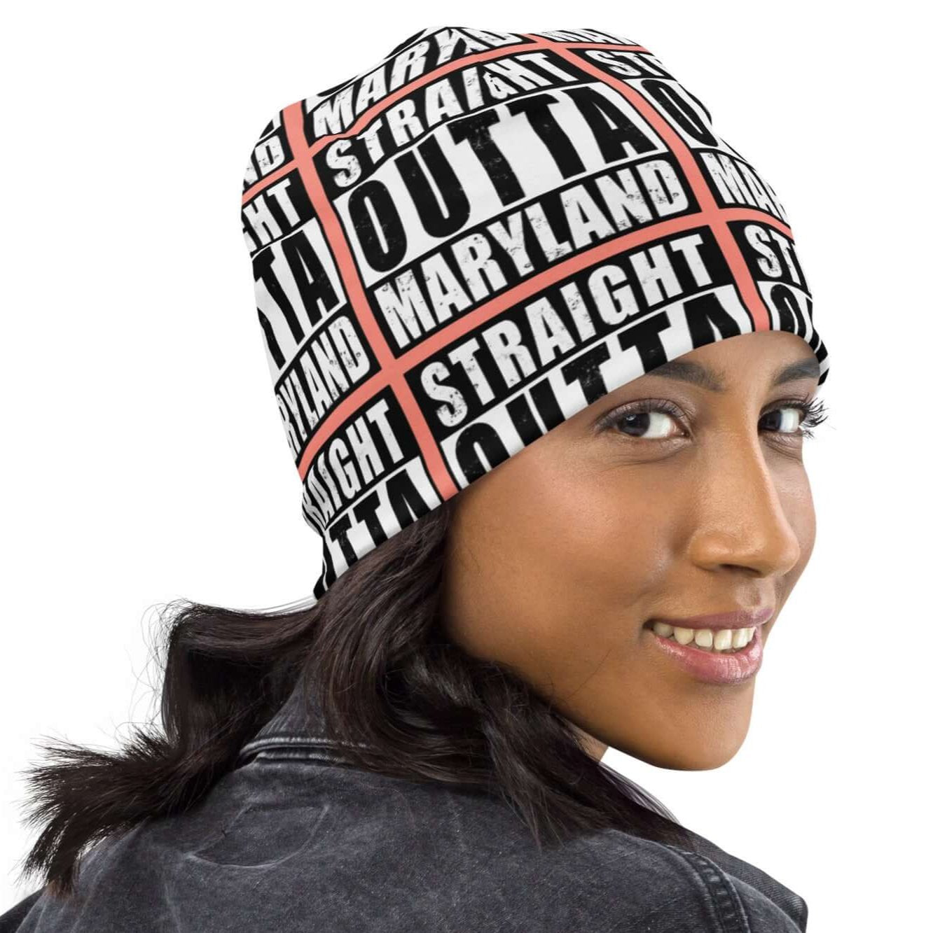 Right front of beanie with rose background and black and white patterned text saying 'Straight Outta Maryland'