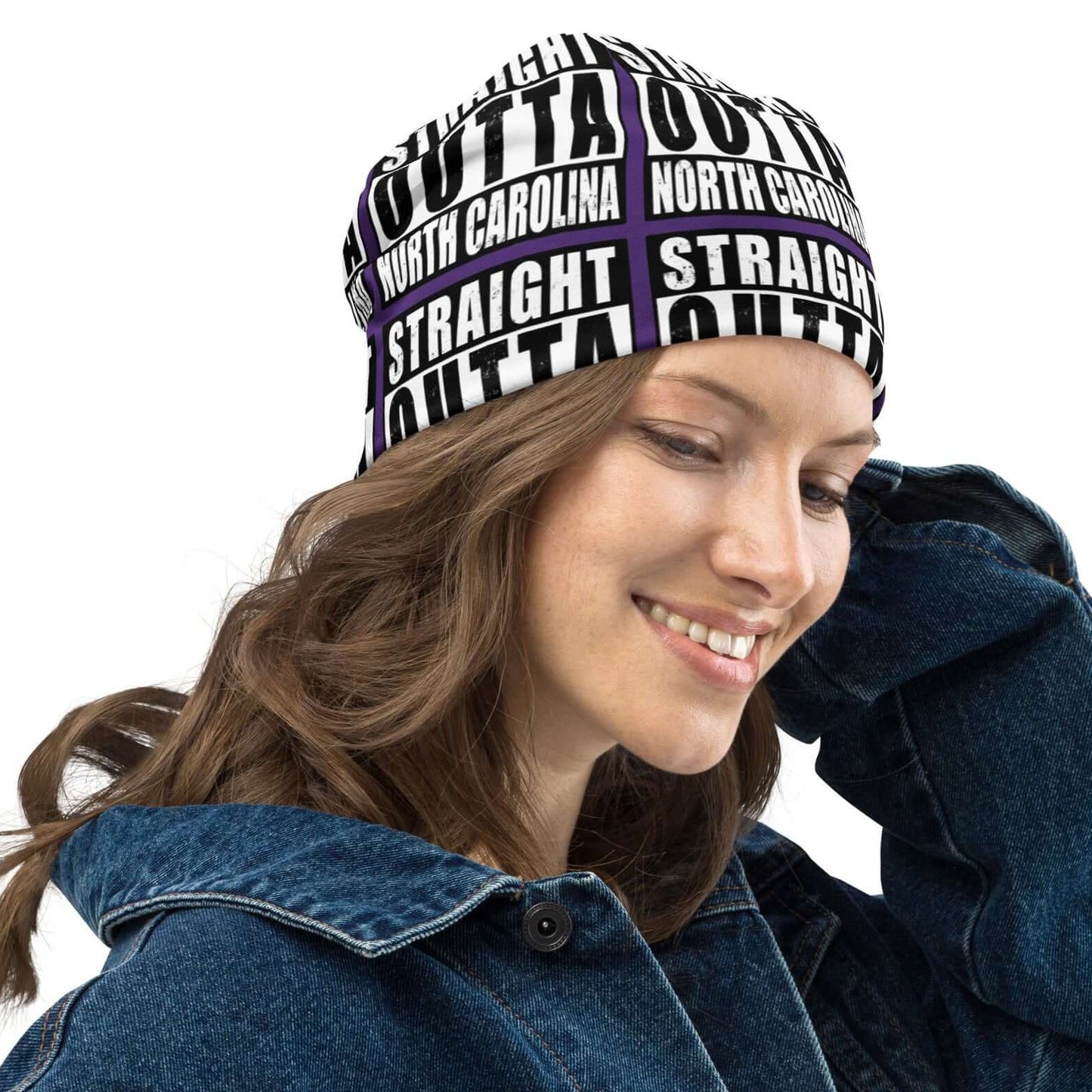 Right view of all-over-print unisex purple black and white beanie with message saying "Straight Outta North Carolina' 