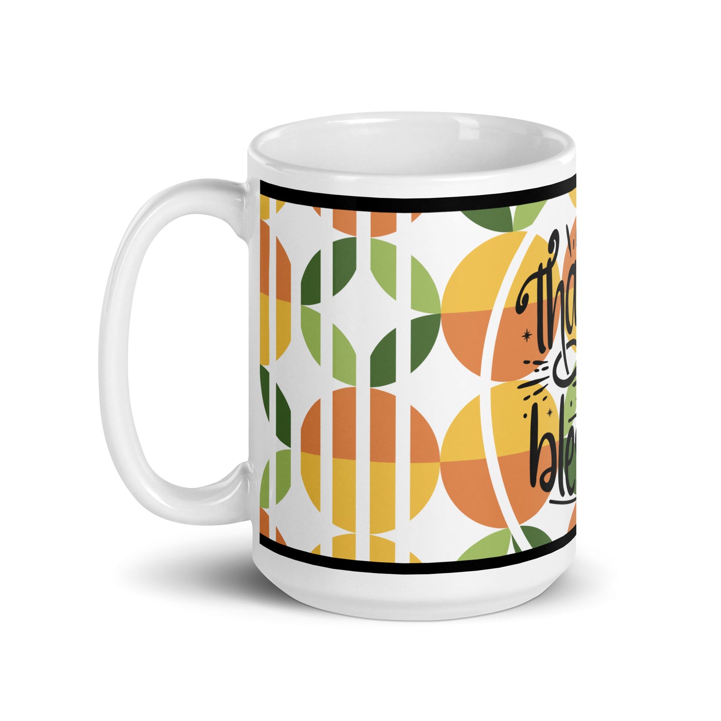 Left view of a white glossy mug with yellow, green, and orange abstract background, front text saying 'thankful and blessed'