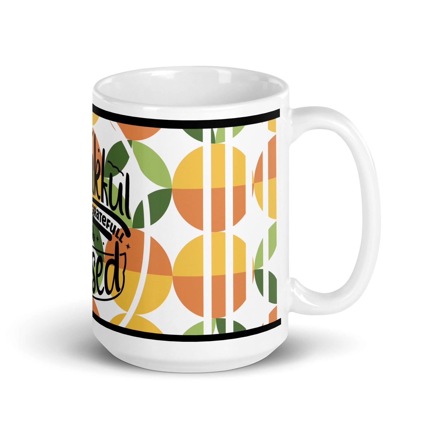 Right view of a white glossy mug with yellow, green, and orange abstract background, front text saying 'thankful and blessed'