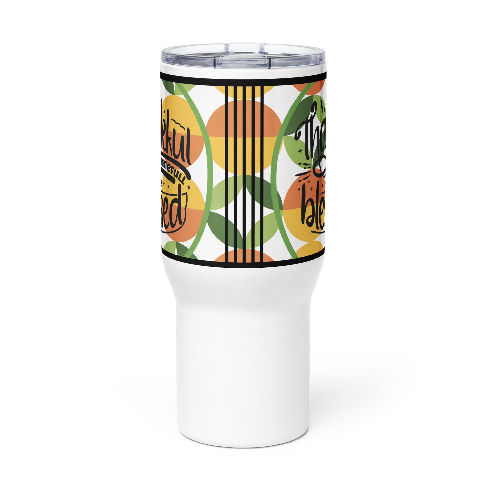 Front side of white travel mug with green, gold, and orange pattern and text saying 'Thankful, grateful, blessed' on both sides
