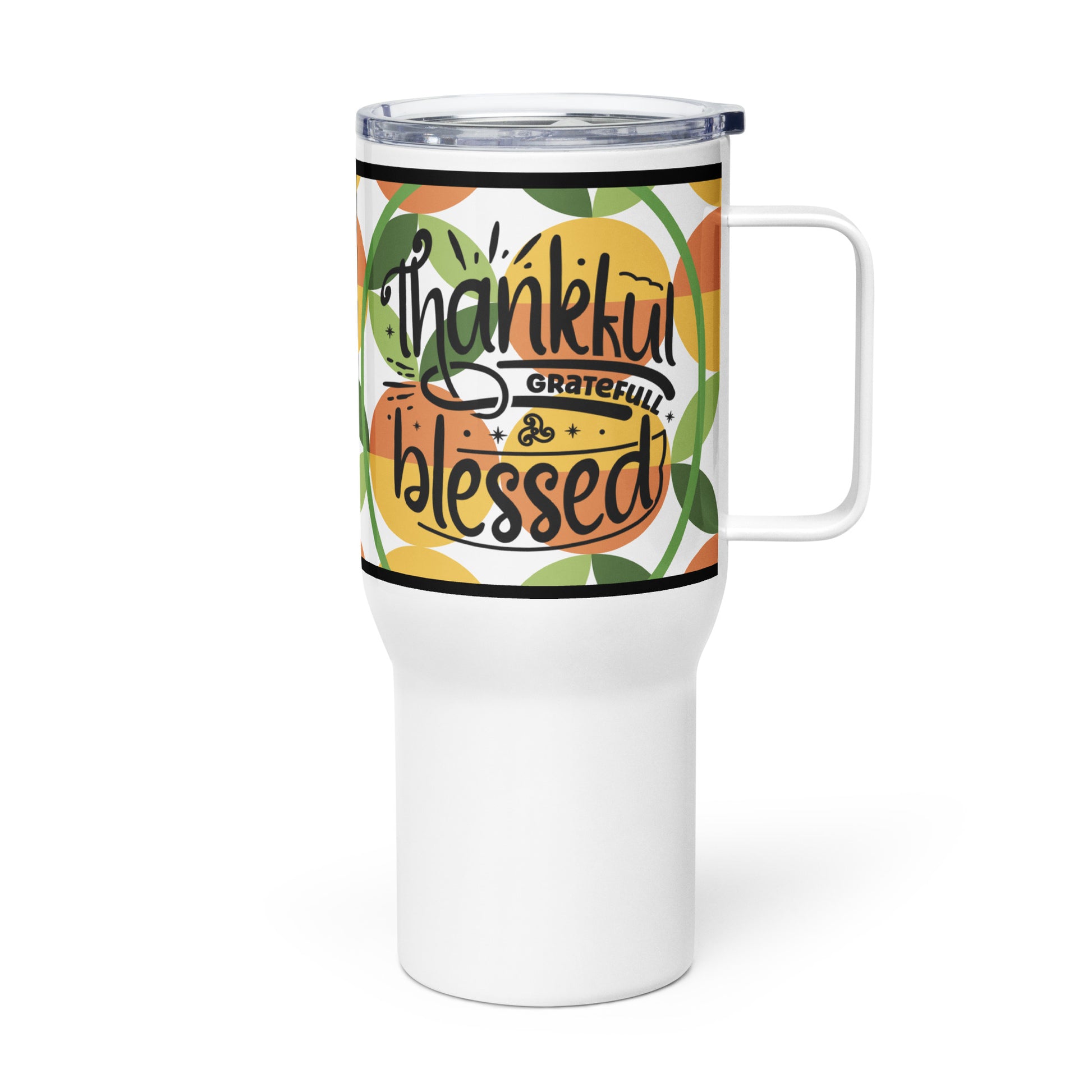 Left side of white travel mug with green, gold, and orange pattern and text saying 'Thankful, grateful, blessed'