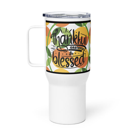 Right side of white travel mug with green, gold, and orange pattern and text saying 'Thankful, grateful, blessed'