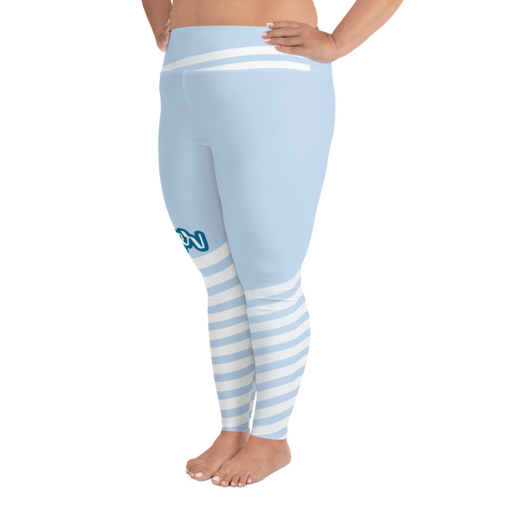 Left view of leggings with light blue on the top and light blue and white strips at the bottom, text saying "trendsetter' is across the right knee