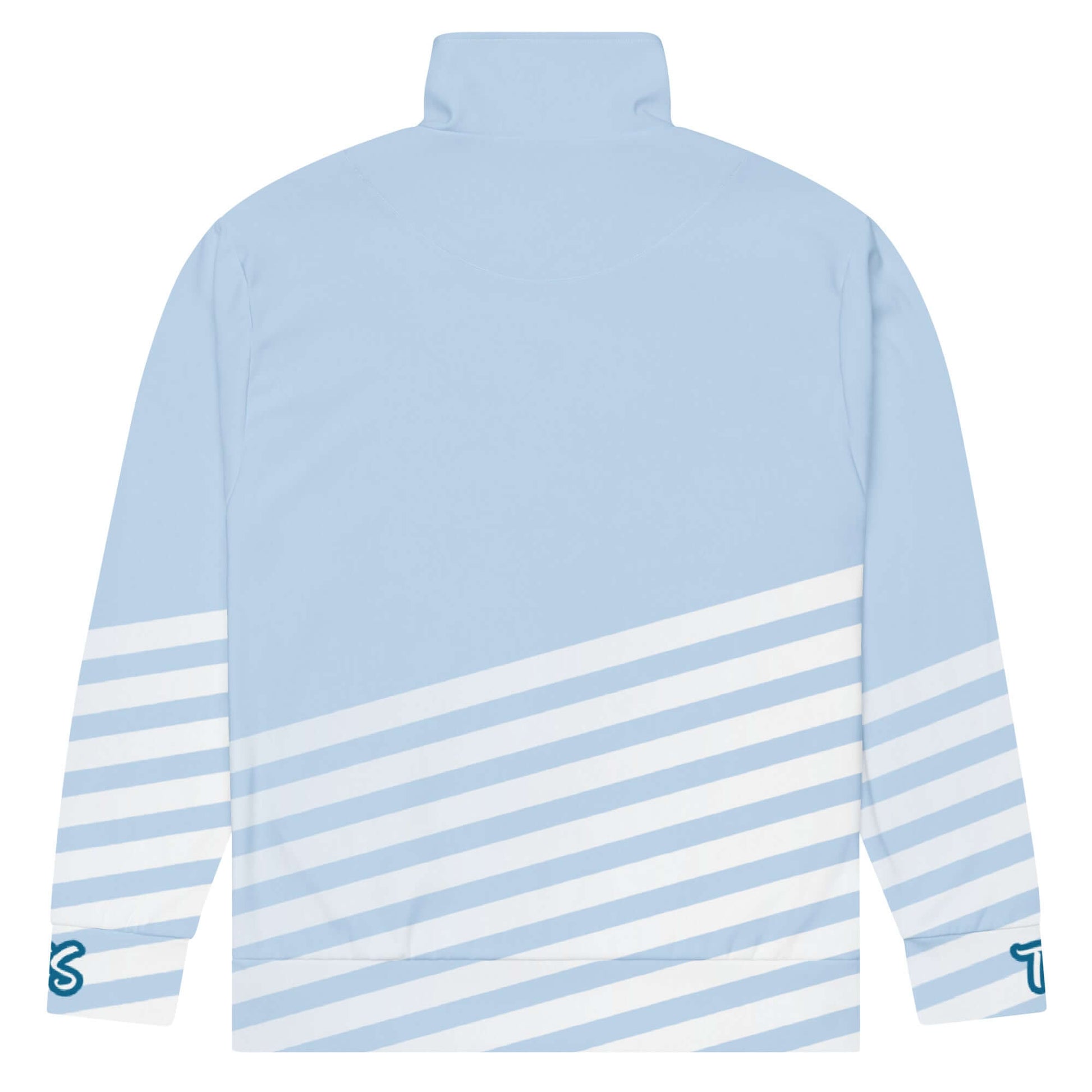 Back of TrendSetter light blue and white track jacket with white stripes across the bottom and blue and white text saying 'TrendSetter' across the front, 'TS' on the cuffs