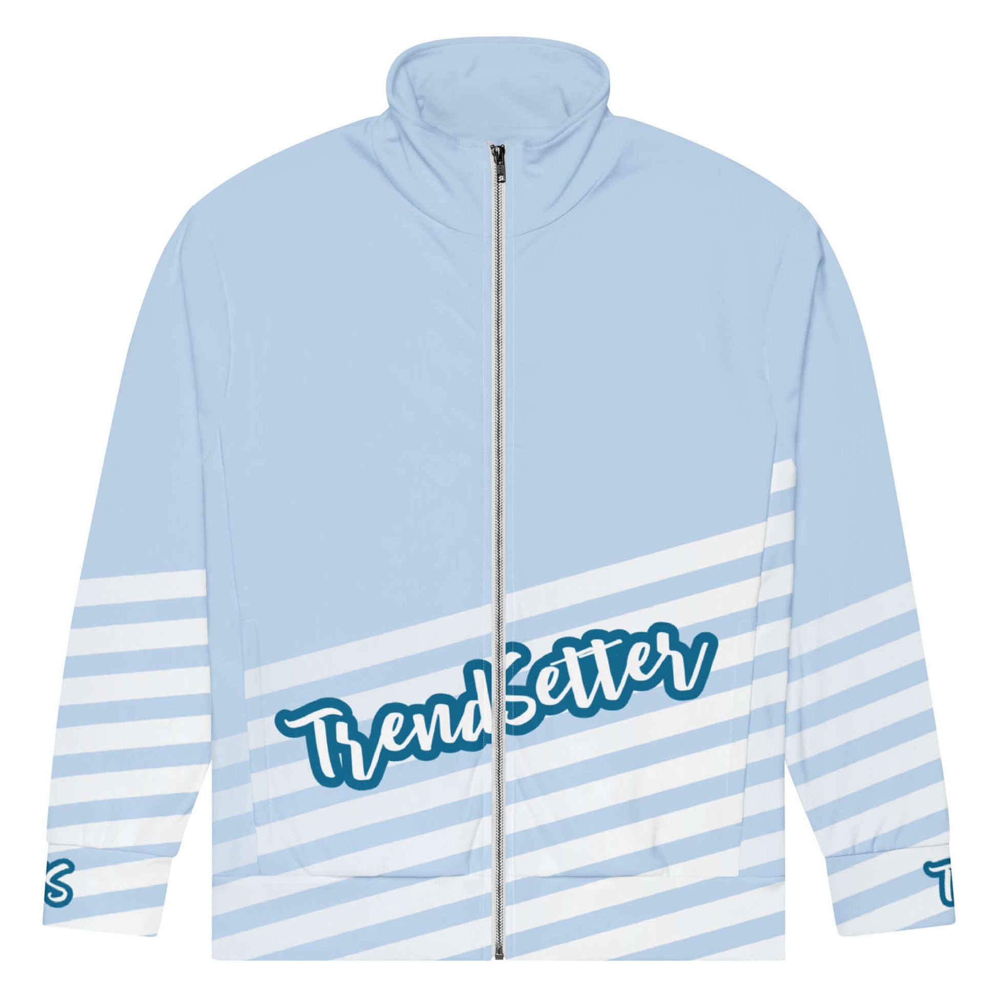 Front of TrendSetter light blue and white track jacket with white stripes across the bottom and blue and white text saying 'TrendSetter' across the front, 'TS' on the cuffs