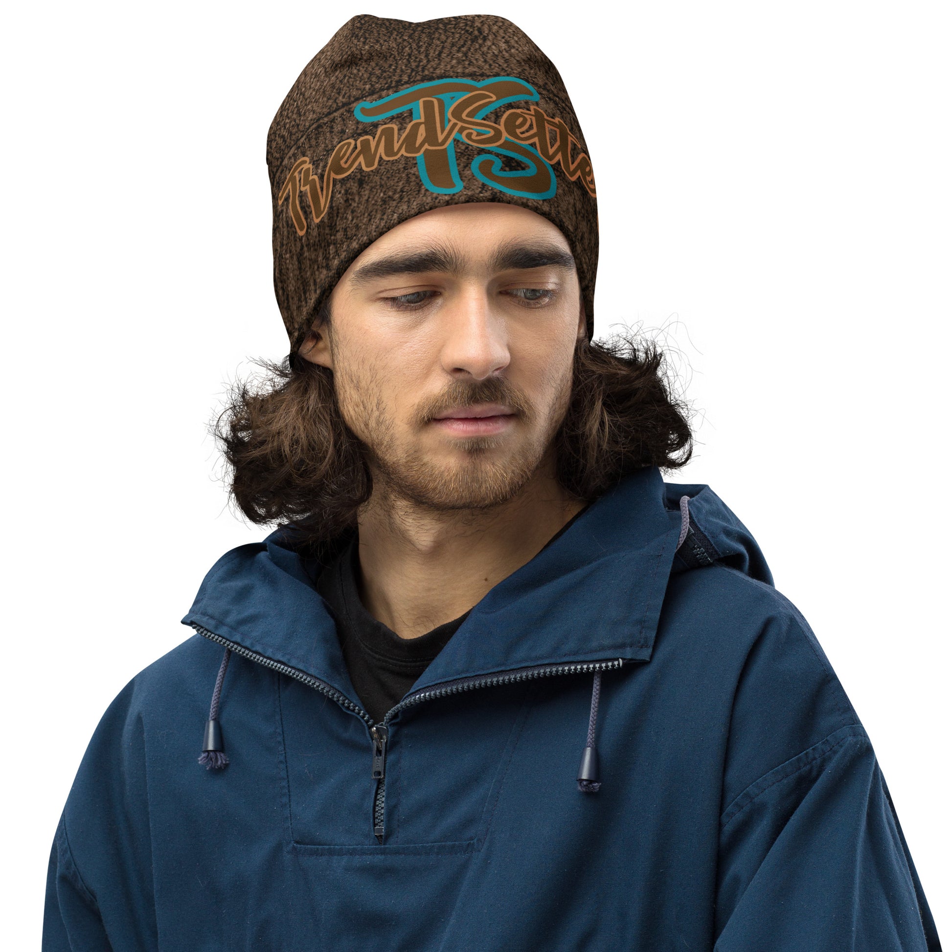 Front of Brown Leather Print beanie with top teal text saying 'TS' and bottom bronze text saying 'TrendSetter'