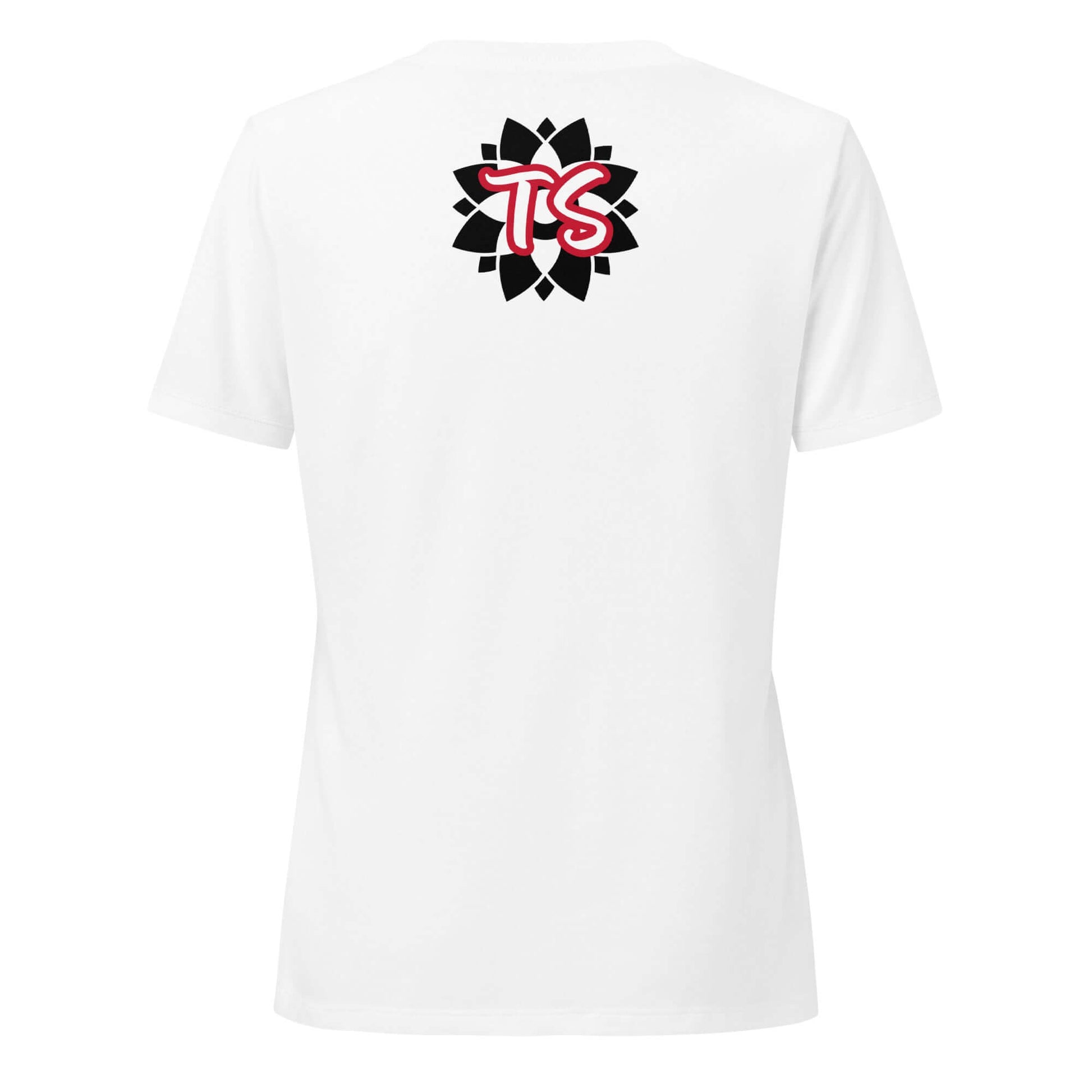 Back of TrendSetter Dahlia v-neck t-shirt with black and white design with red and white text saying 'TS'