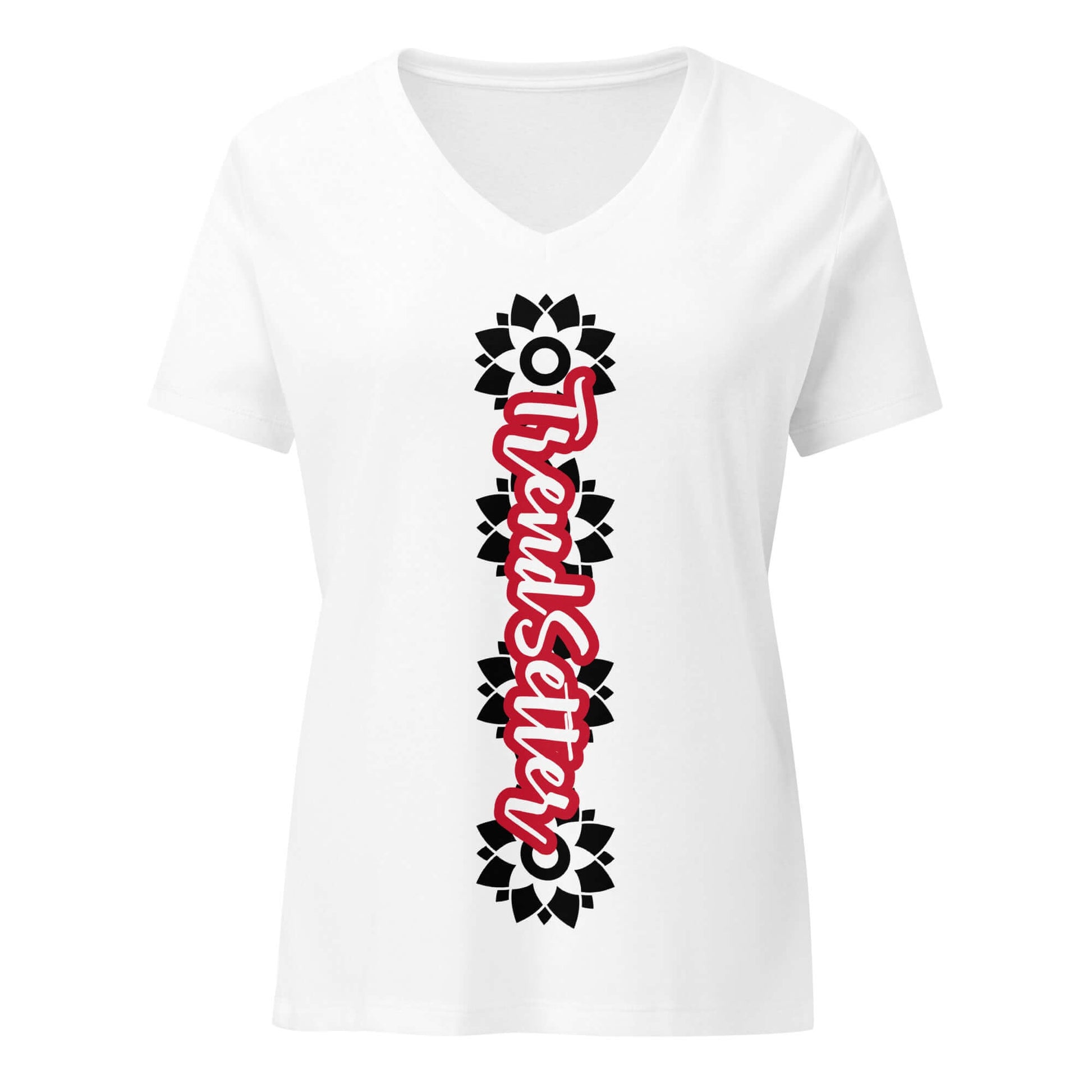 Front of white v-neck t-shirt with black and white vertical design with red text saying 'TrendSetter'