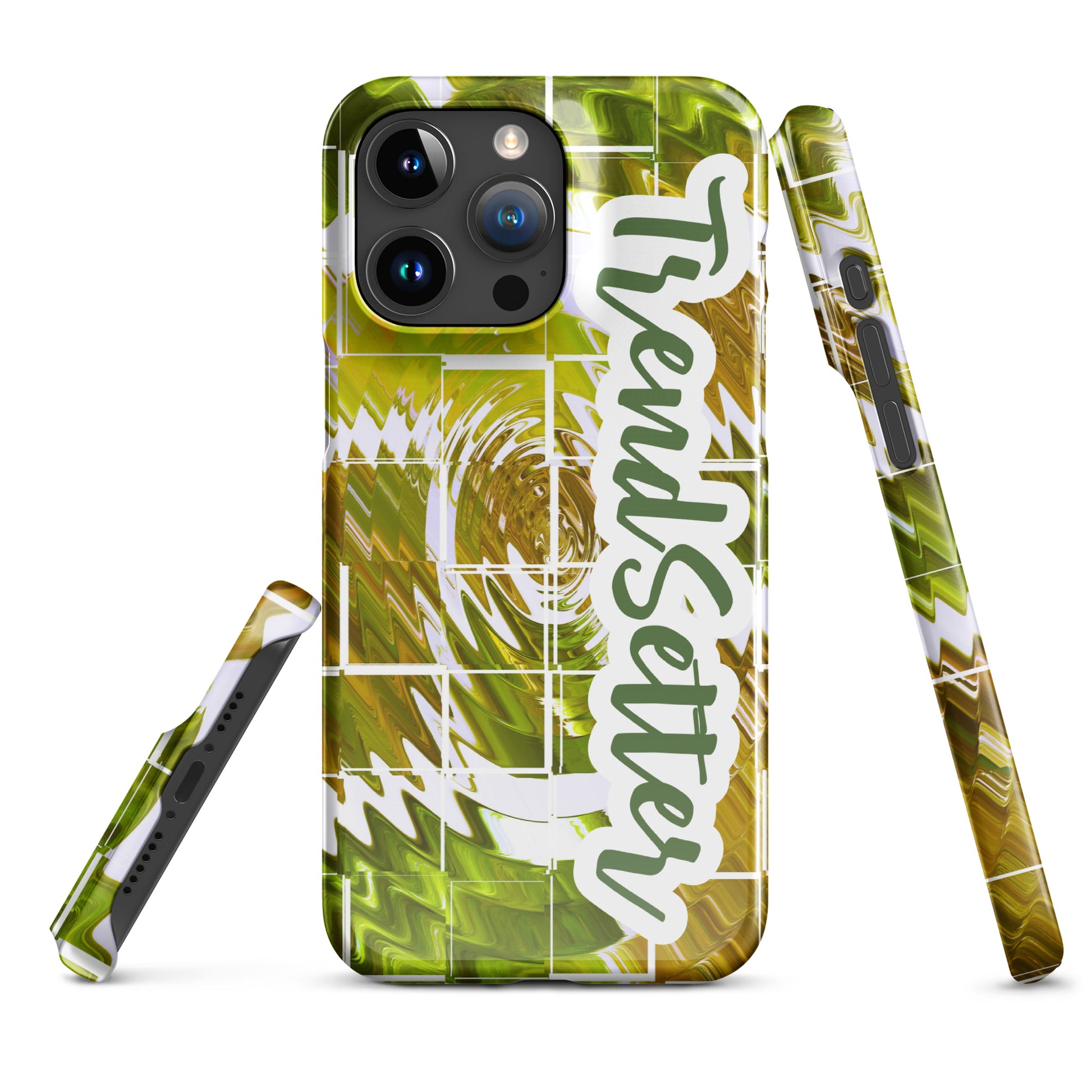 Front of TrendSetter mobile phone for iPhone with green and gold abstract pattern and text saying 'TrendSetter'