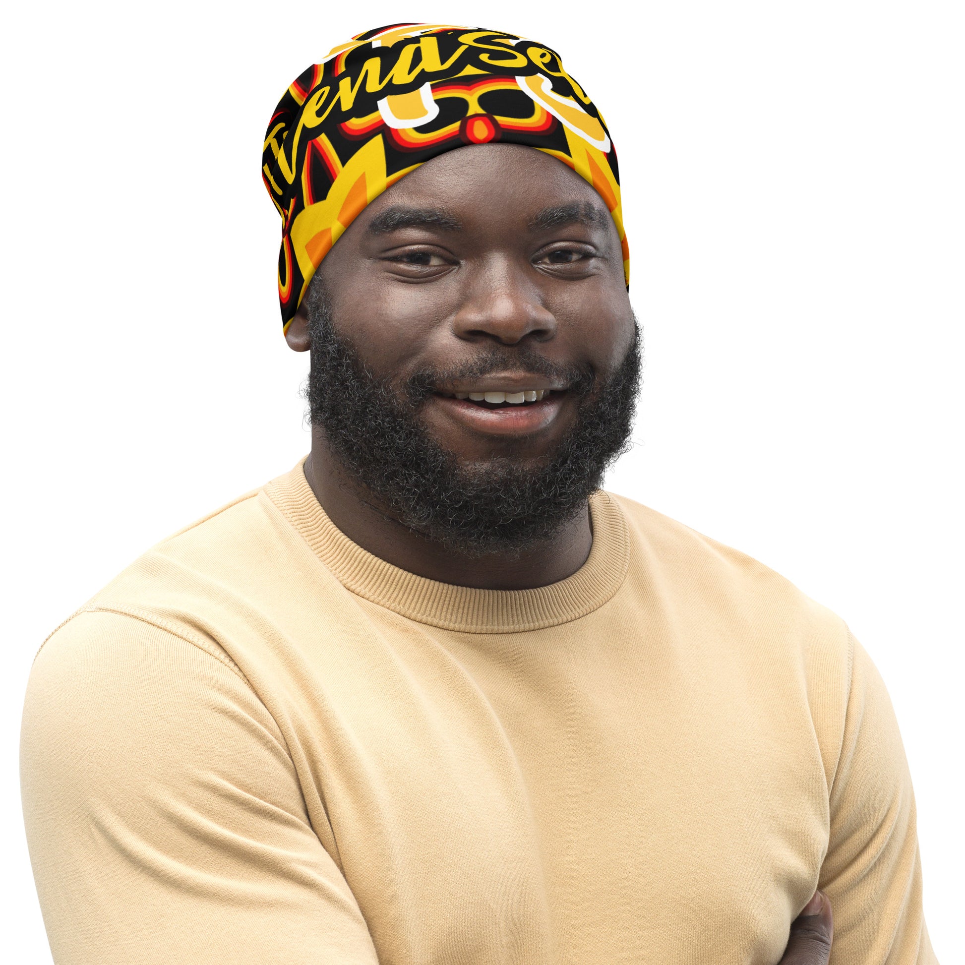 Front of TrendSetter Exotic beanie with black, red, and gold background with text saying 'TrendSetter'